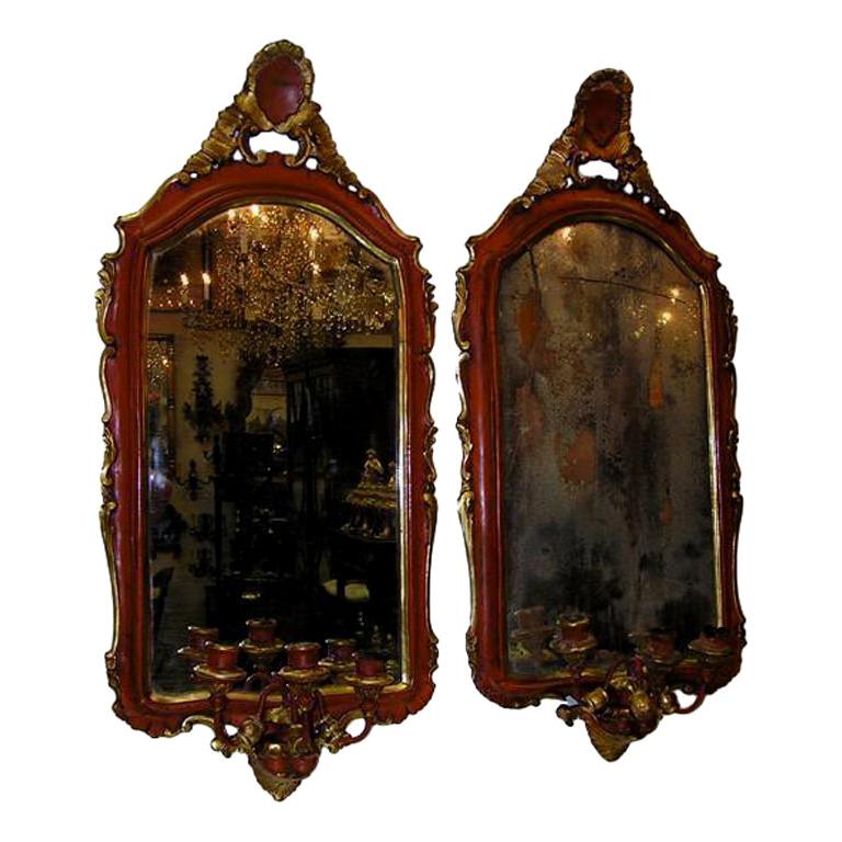 Pair of Venetian Painted & Gilt Floral Crest Girandole Mirrors. Circa 1780