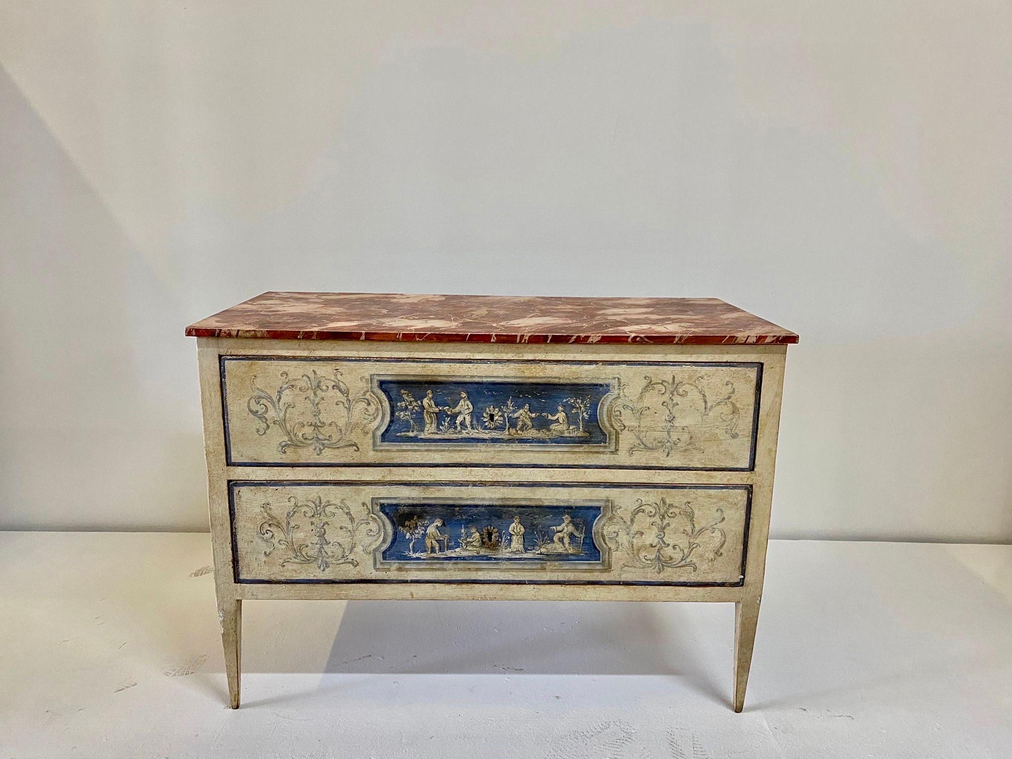 Very fine 19th century Venetian two-drawer commode with keys, the top is faux painted to simulate Sienna marble, over the neoclassical designed commode. Standing on square tapered legs, hand-painted sides and front.