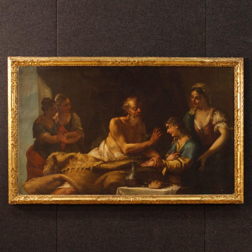 Pair of 18th century Venetian paintings. Oil frameworks on canvas depicting mythological scenes of excellent pictorial quality. Carved and gilded wooden frames of beautiful decoration, not coeval, from 19th century. Works that have undergone a