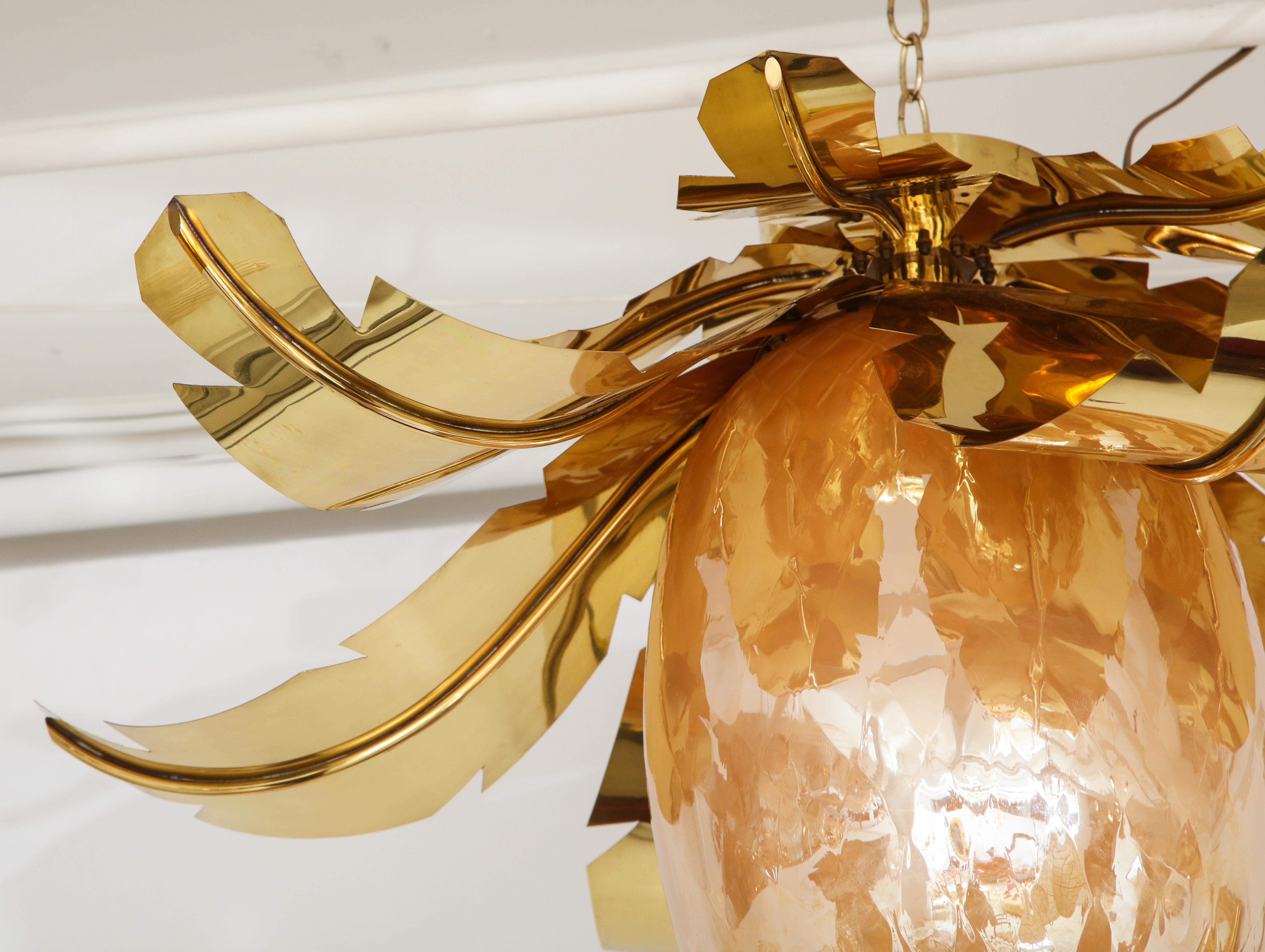 Pair of Venetian Peach Glass and Brass Leaves Pendant Chandeliers For Sale 7