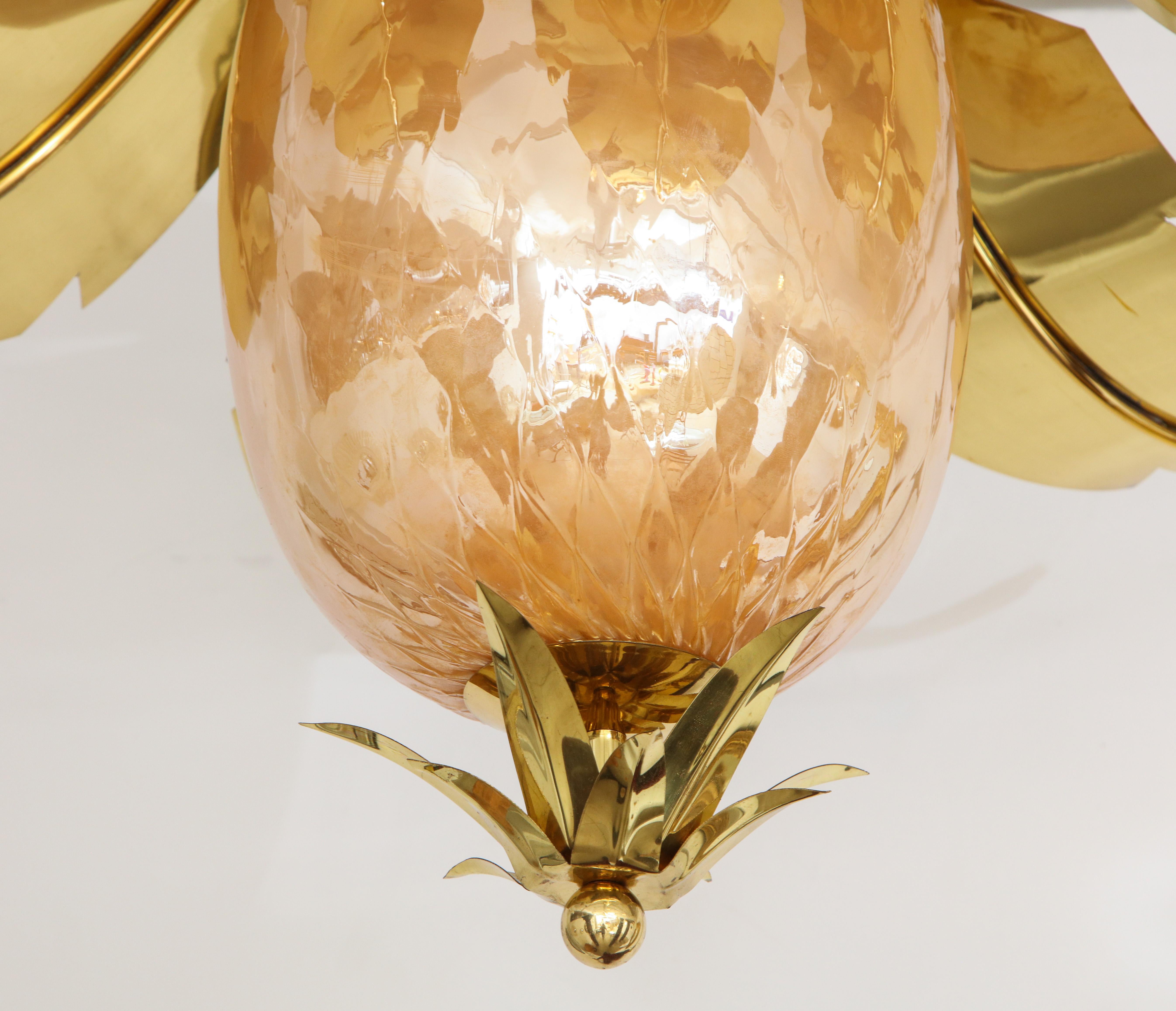 Pair of Venetian Peach Glass and Brass Leaves Pendant Chandeliers For Sale 10