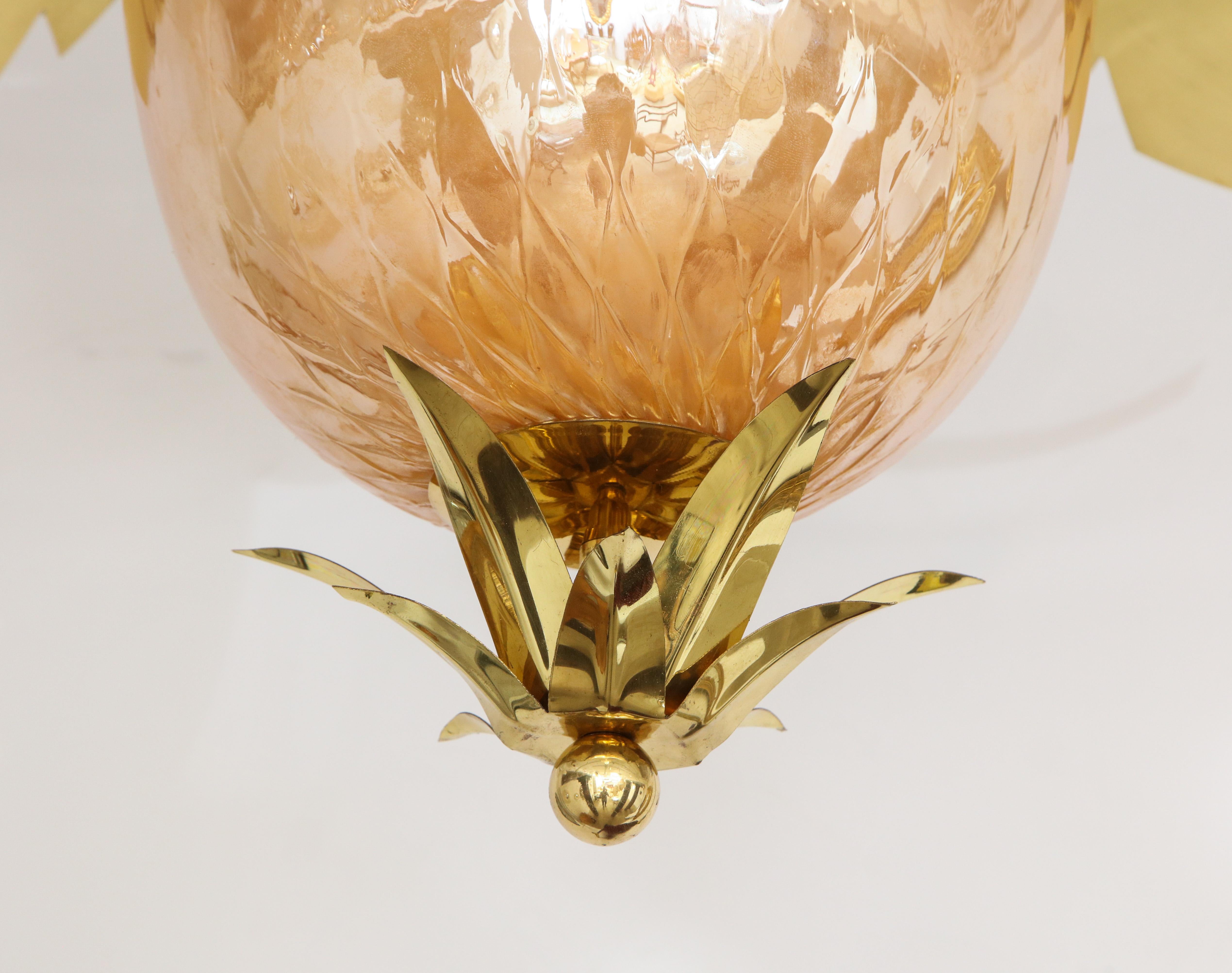Pair of Venetian Peach Glass and Brass Leaves Pendant Chandeliers For Sale 11