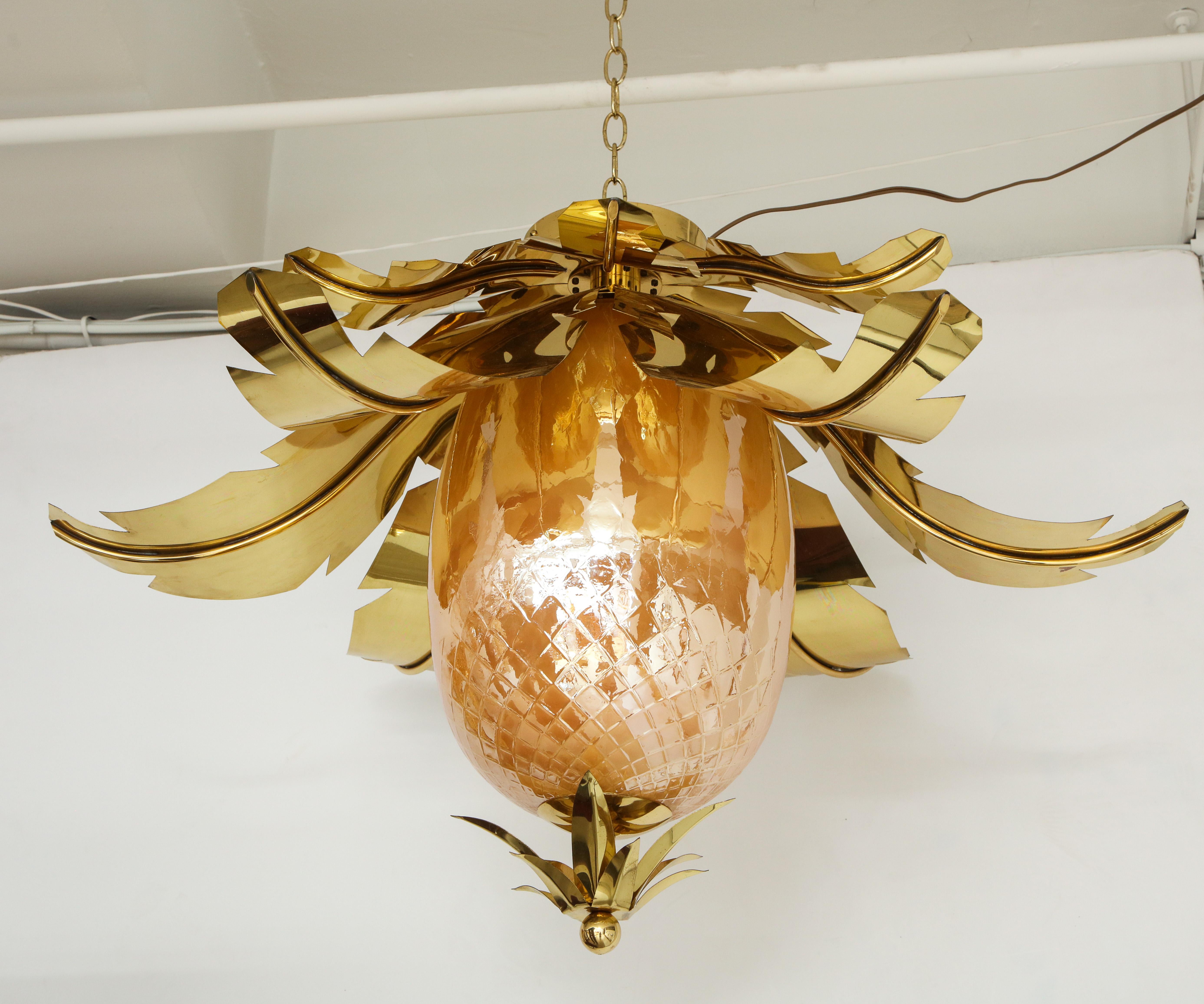 Pair of Venetian Peach Glass and Brass Leaves Pendant Chandeliers For Sale 14