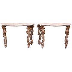 Pair of Venetian Poly Chromed Faux Marble Consoles. Circa 1780