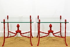 Pair of Venetian Red Faux Bamboo Regency Style Floating Glass Top Side Tables