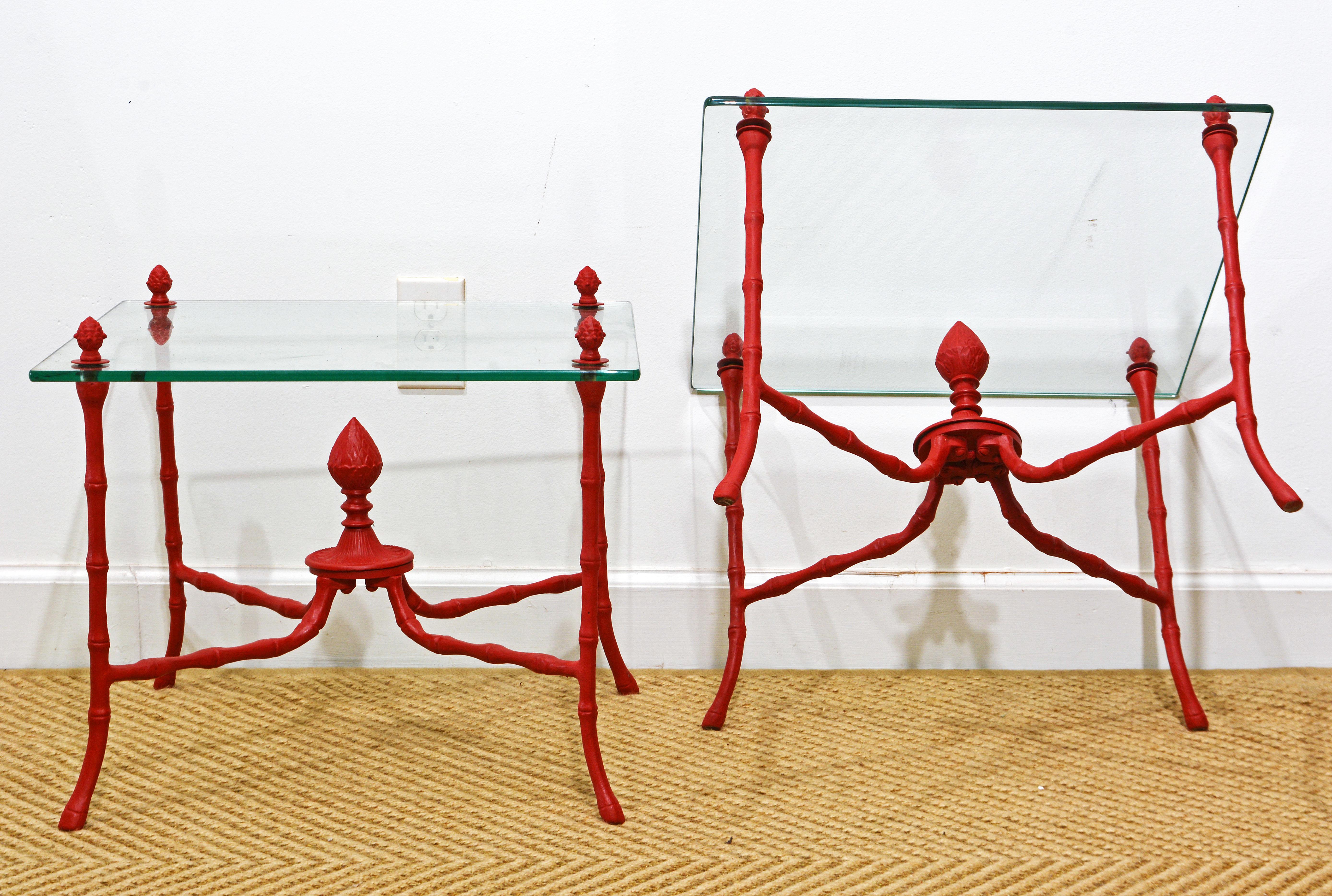 Pair of Venetian Red Faux Bamboo Regency Style Floating Glass Top Side Tables In Good Condition In Ft. Lauderdale, FL