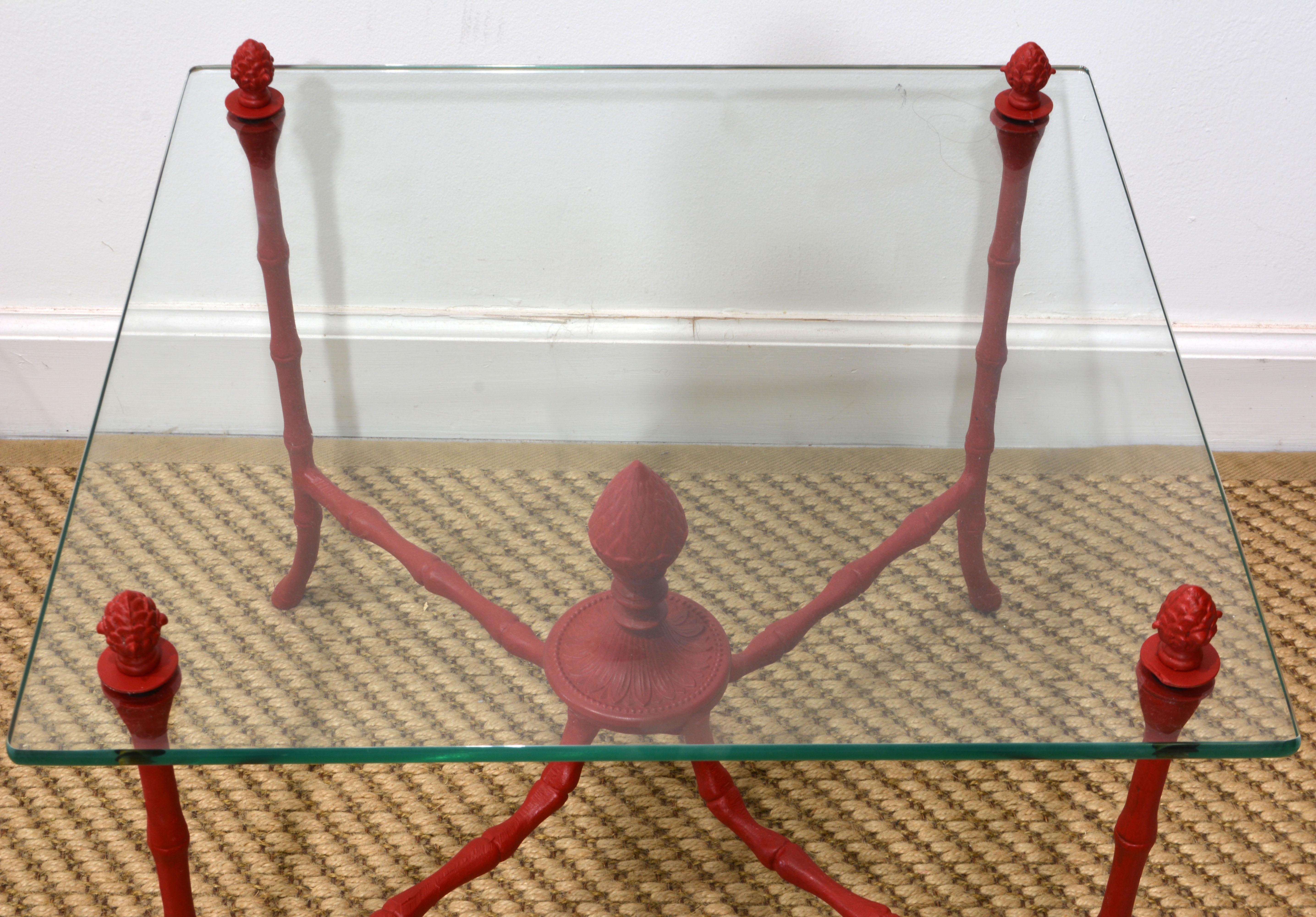 20th Century Pair of Venetian Red Faux Bamboo Regency Style Floating Glass Top Side Tables