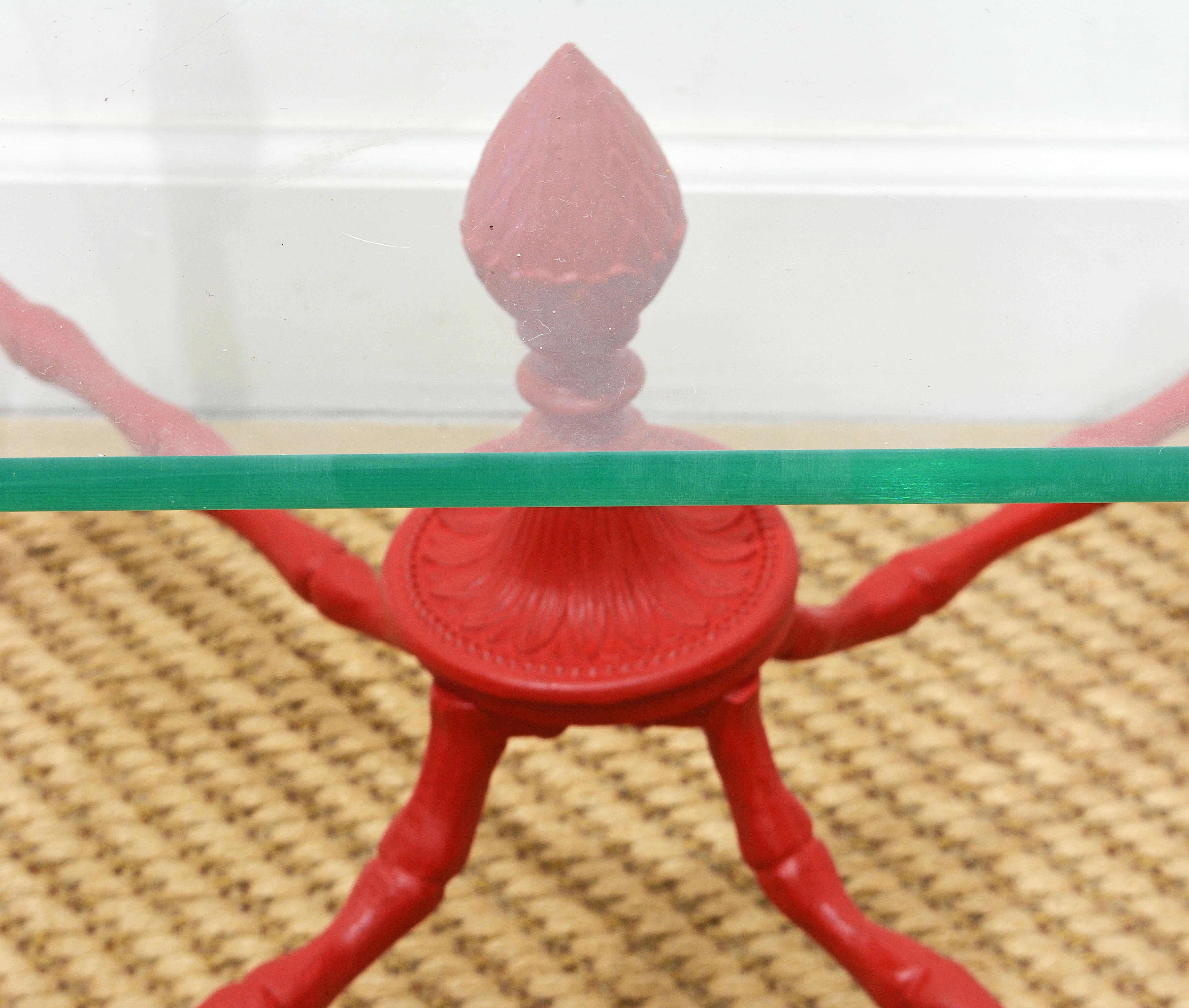 Metal Pair of Venetian Red Faux Bamboo Regency Style Floating Glass Top Side Tables
