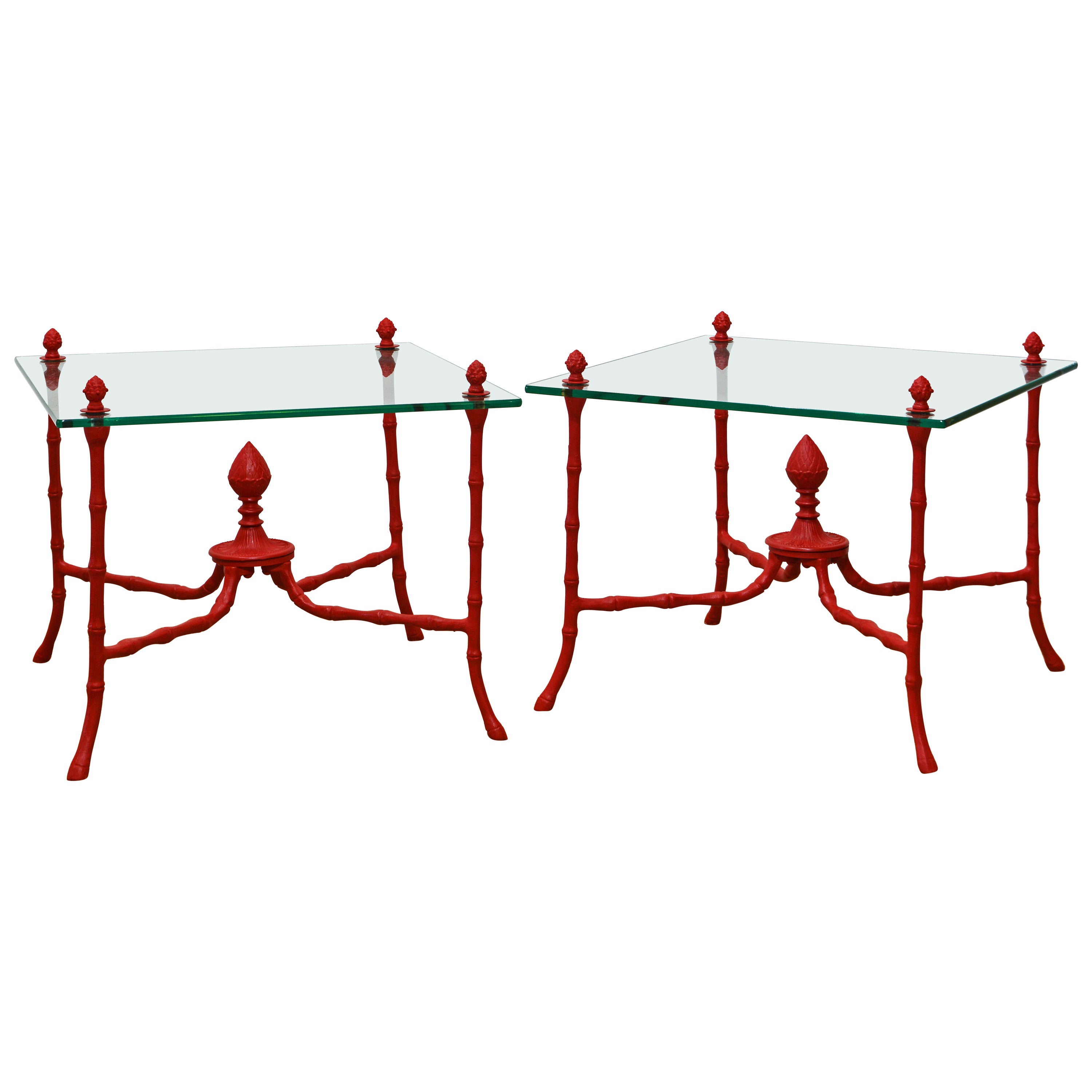 Pair of Venetian Red Faux Bamboo Regency Style Floating Glass Top Side Tables