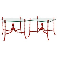Pair of Venetian Red Faux Bamboo Regency Style Floating Glass Top Side Tables