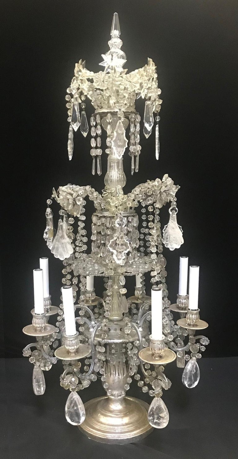 Hand-Carved Pair of Venetian Rock Crystal Girandoles, 19th Century For Sale