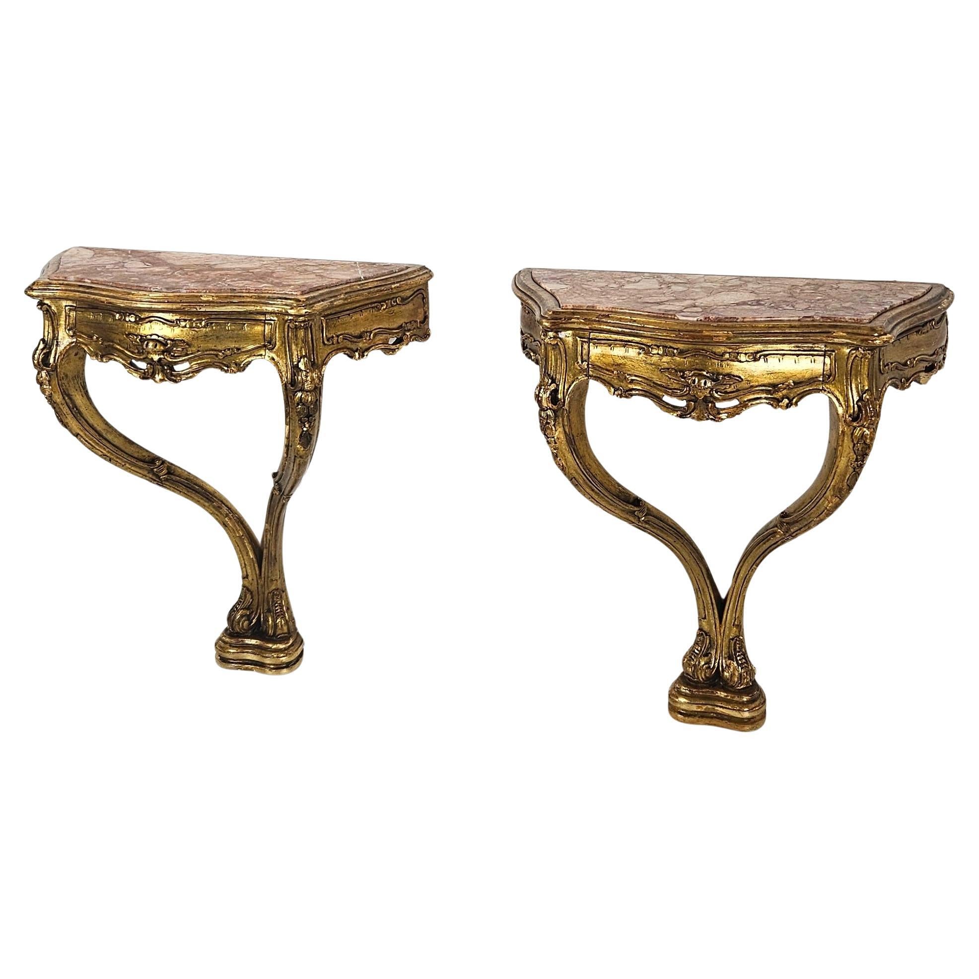 Pair of Venetian Rococo Console Night Stands with Rosso Verona Marble en venta