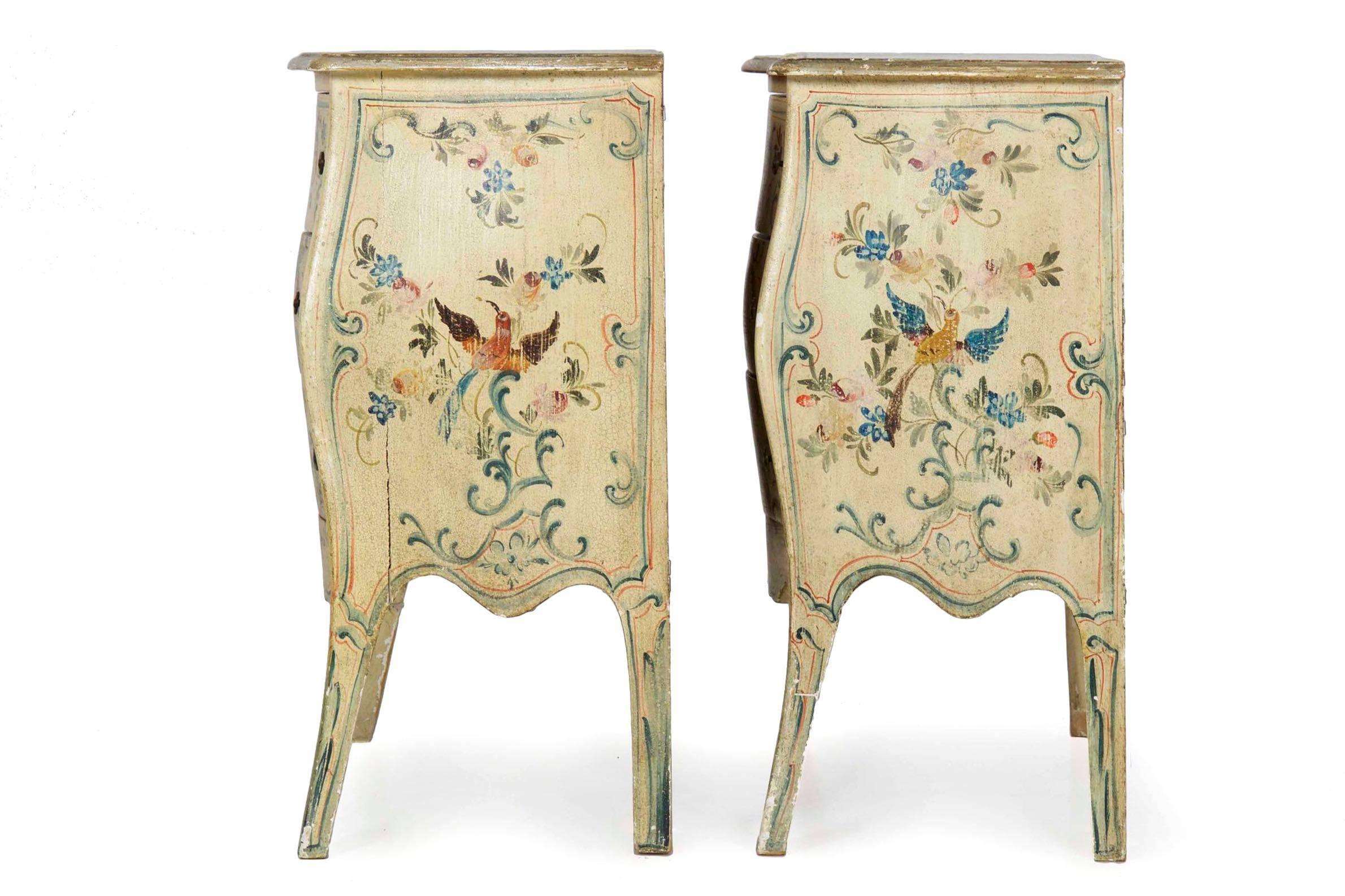 Italian Pair of Venetian Rococo Hand-Painted Bedside Nightstand Commodes