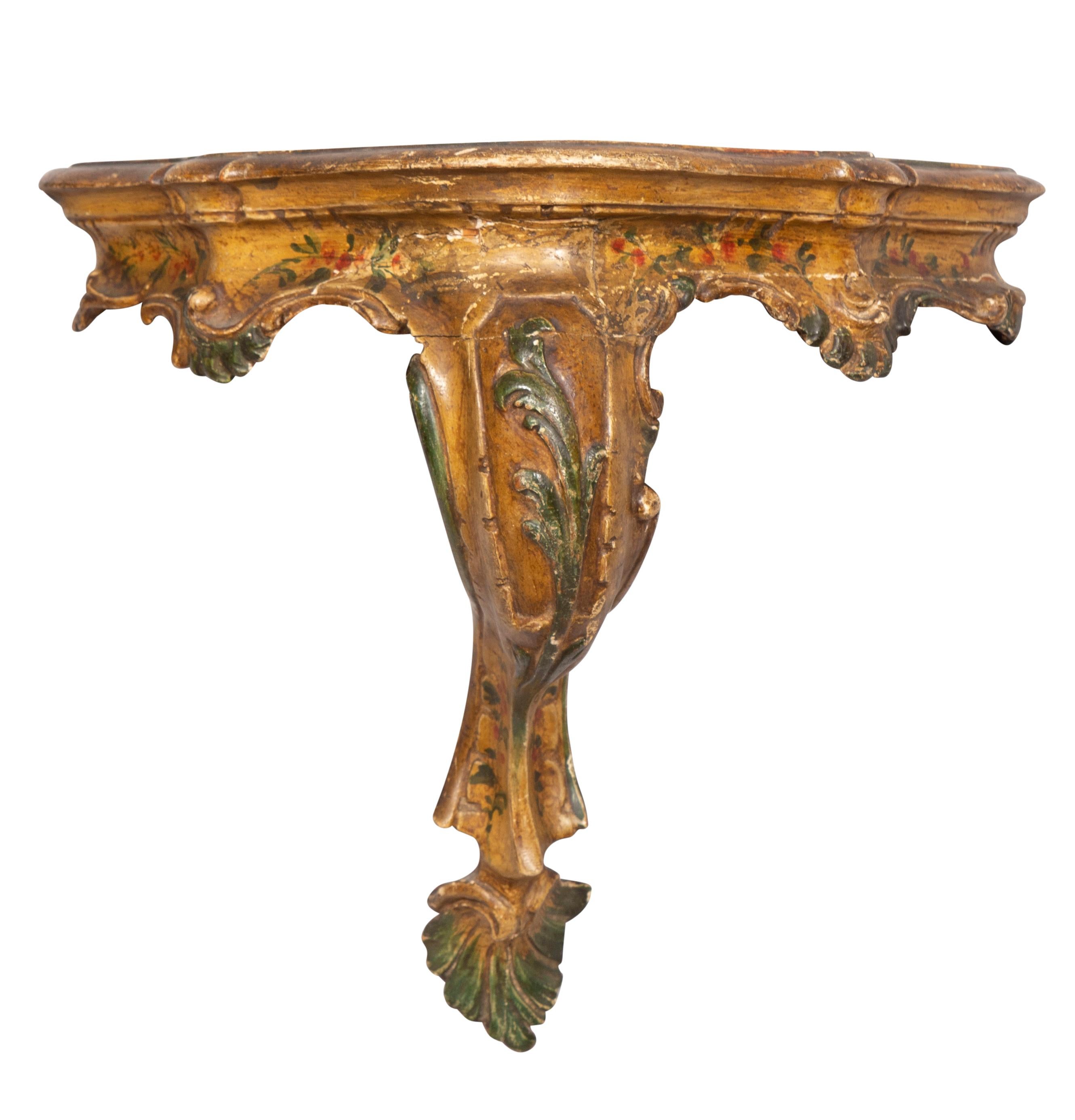 Hand-Carved Pair of Venetian Rococo Painted Wall Brackets For Sale