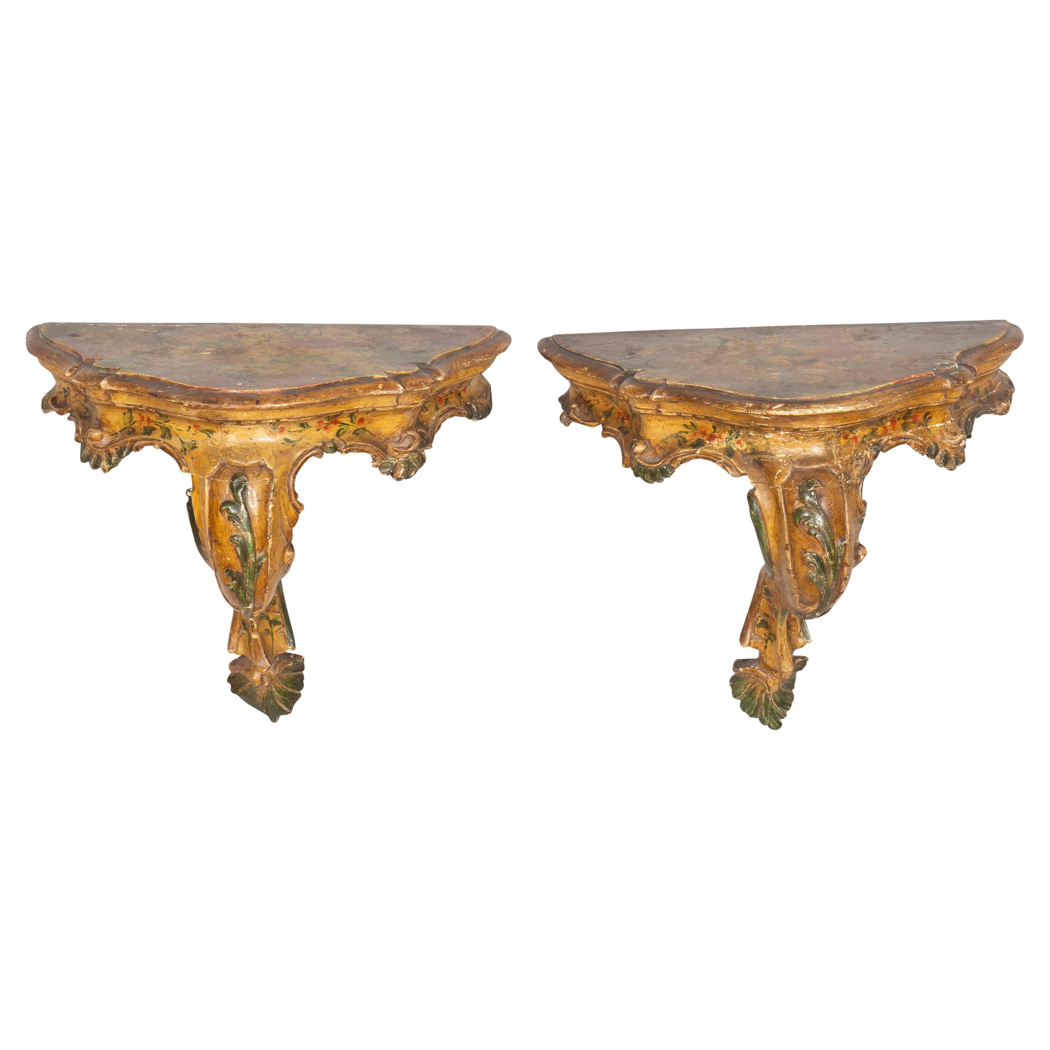 Pair of Venetian Rococo Painted Wall Brackets