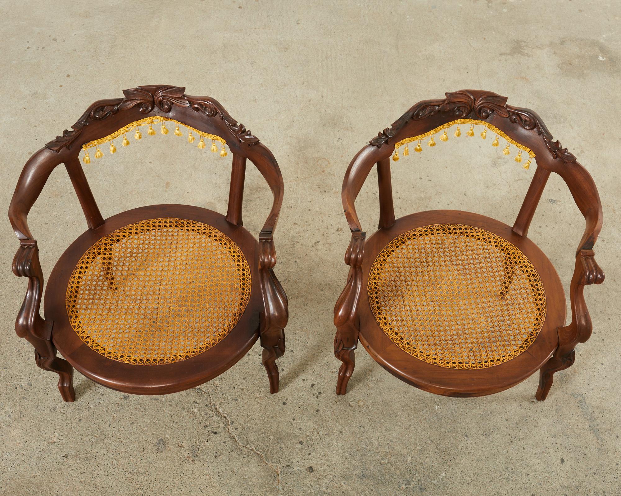 Hand-Carved Pair of Venetian Rococo Style Caned Barrel Armchairs For Sale