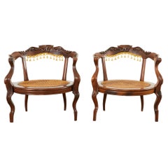 Vintage Pair of Venetian Rococo Style Caned Barrel Armchairs