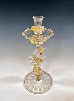 Pair of Venetian Salviati Hand Blown Dragon Candlesticks W/ Gold Leaf