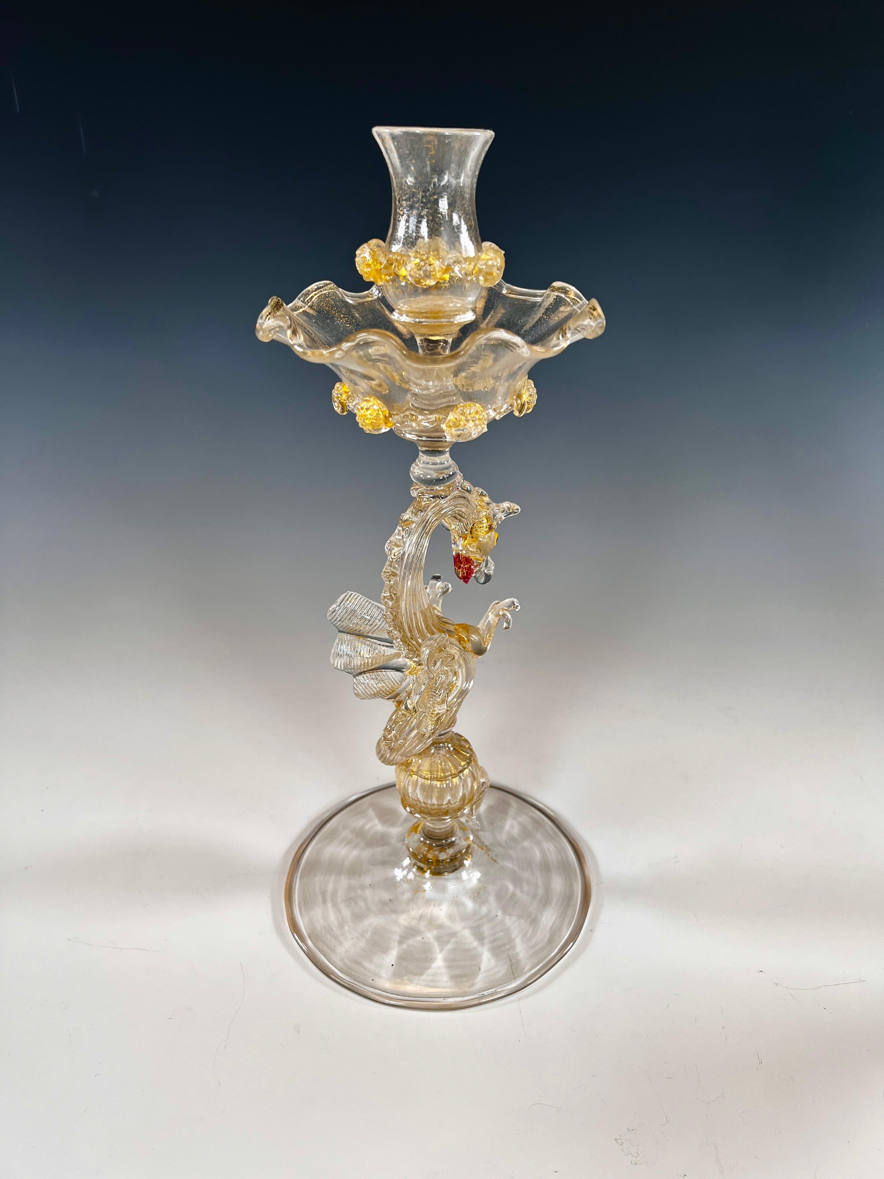 Pair of Venetian Salviati Hand Blown Dragon Candlesticks W/ Gold Leaf  In Good Condition For Sale In Great Barrington, MA