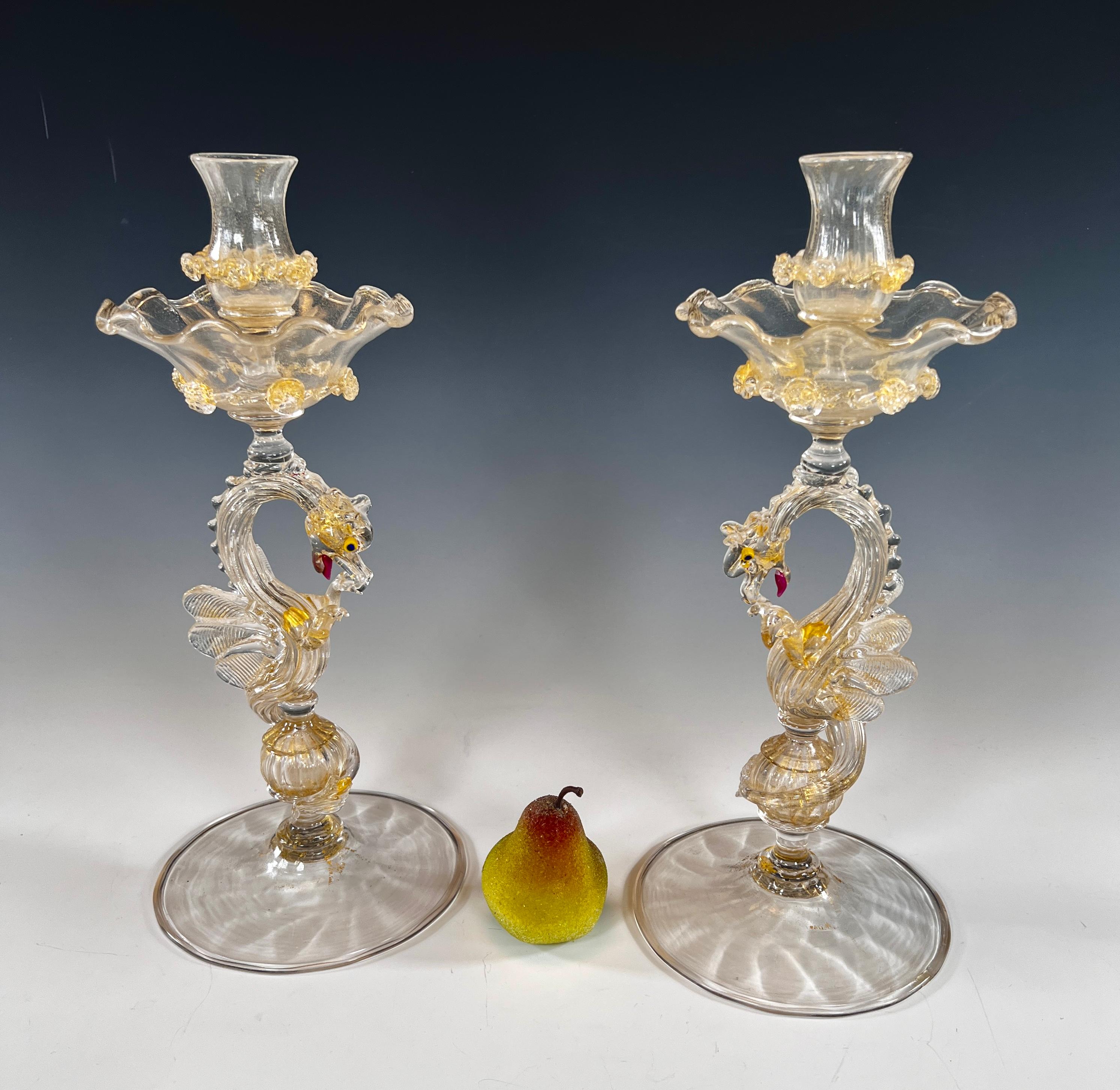 Early 20th Century Pair of Venetian Salviati Hand Blown Dragon Candlesticks W/ Gold Leaf  For Sale