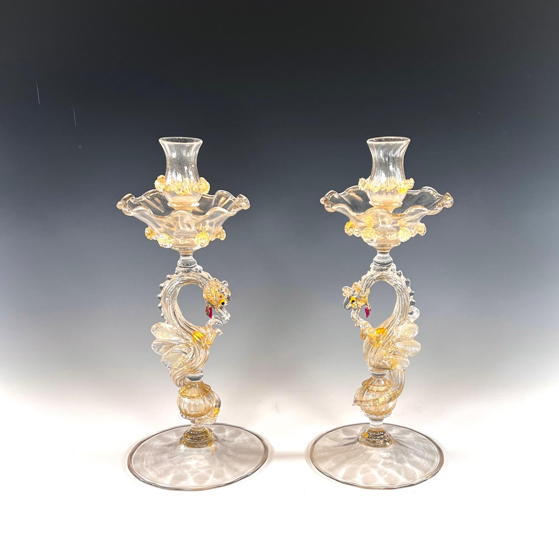 Glass Pair of Venetian Salviati Hand Blown Dragon Candlesticks W/ Gold Leaf  For Sale