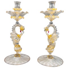 Pair of Venetian Salviati Hand Blown Dragon Candlesticks W/ Gold Leaf