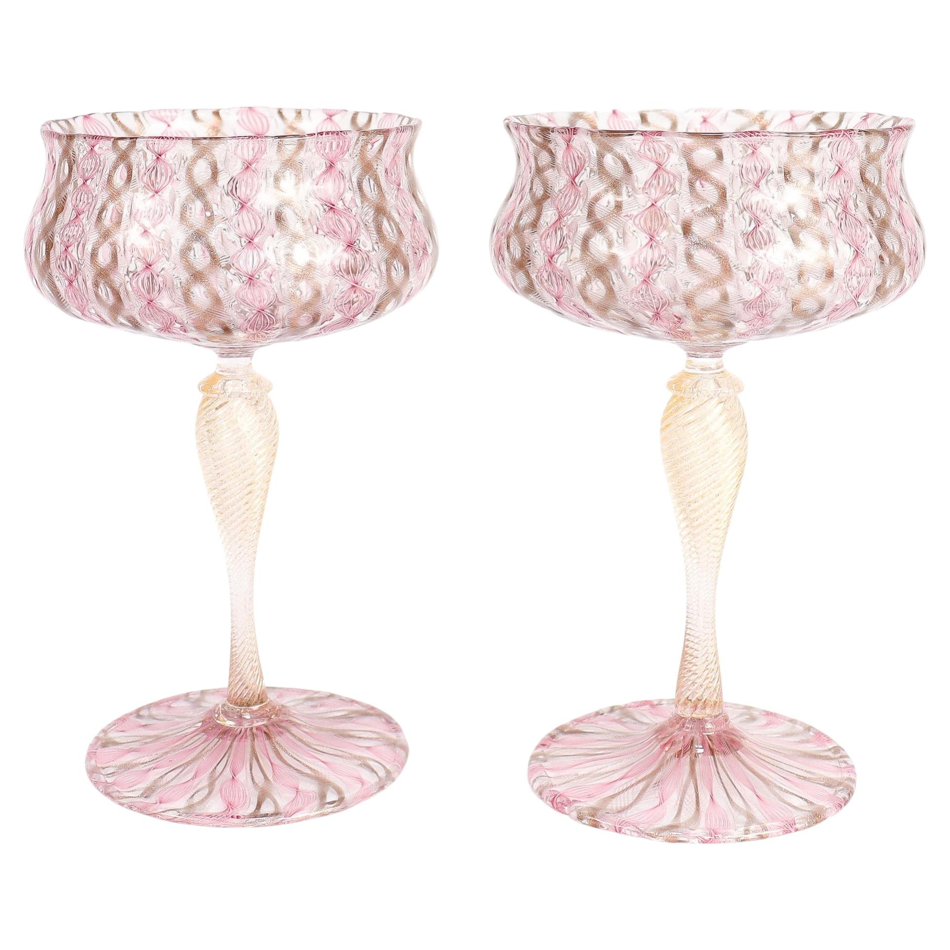 Pair of Venetian / Salviati Murano Glass Latticino Toasting Champagne Glasses