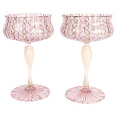 Pair of Venetian / Salviati Murano Glass Latticino Toasting Champagne Glasses