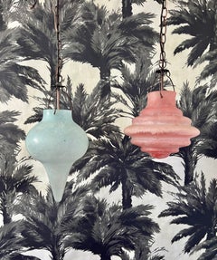 Pair of Venetian Scavo Glass Pendant Lights in Etched Aqua and Salmon Pink