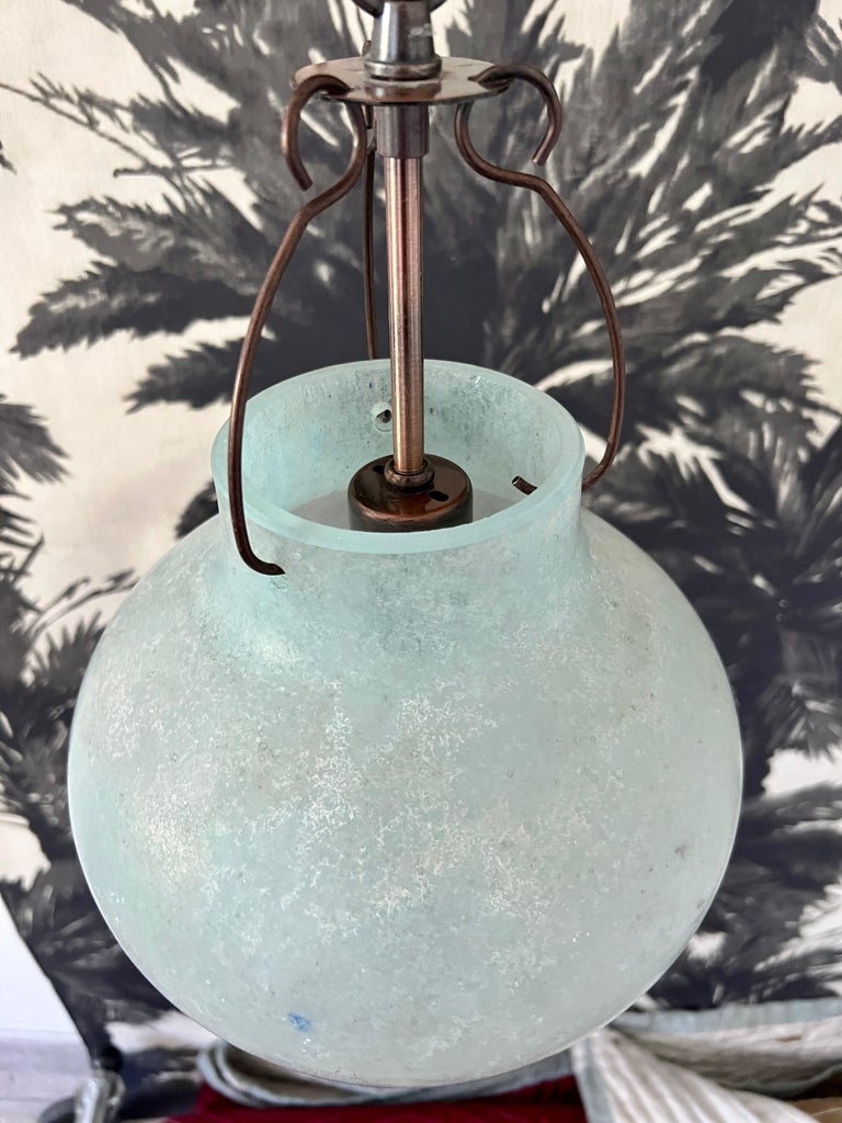 Blown Glass Pair of Venetian Scavo Glass Pendant Lights in Etched Aqua and Salmon Pink For Sale
