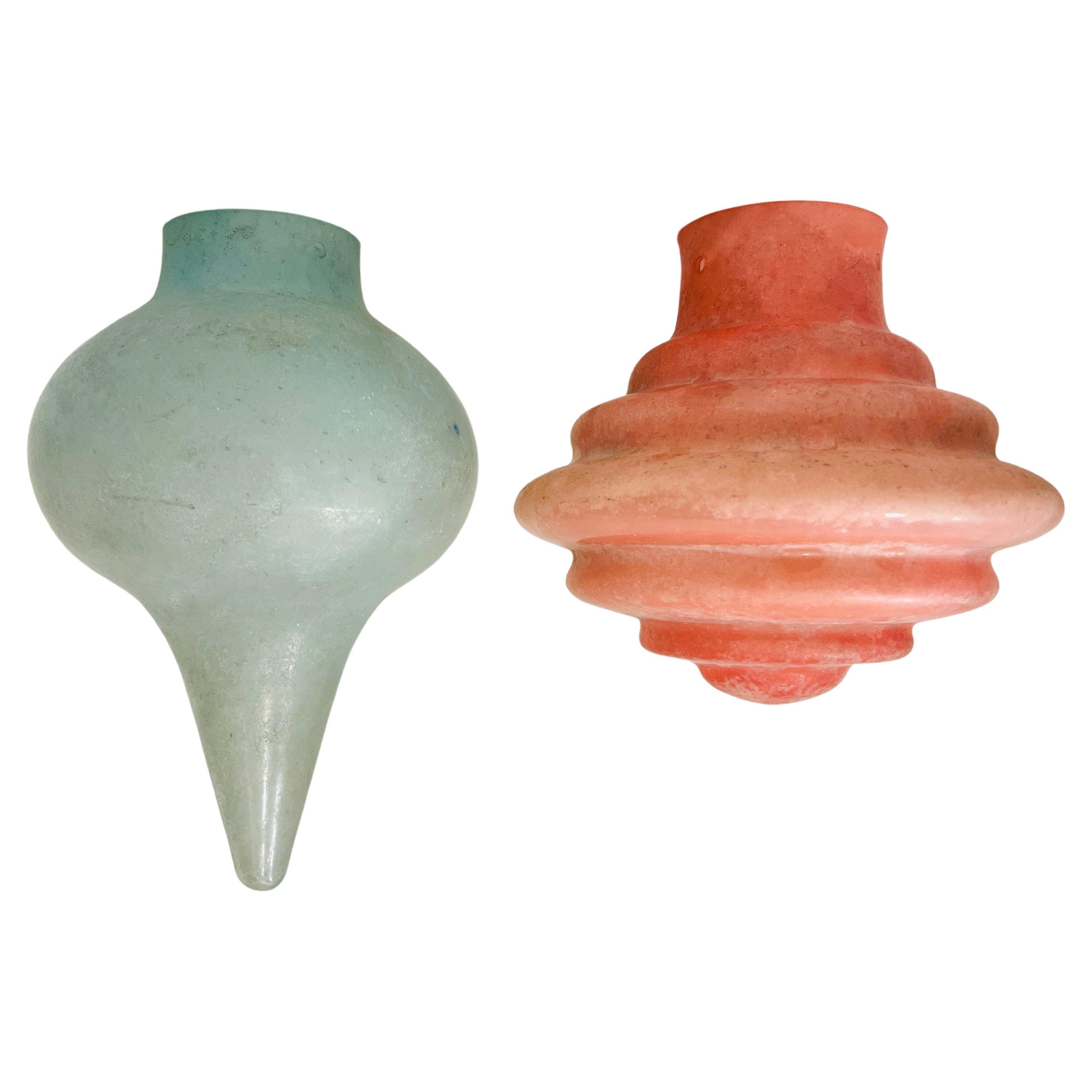 Pair of Venetian Scavo Glass Pendant Lights in Etched Aqua and Salmon Pink