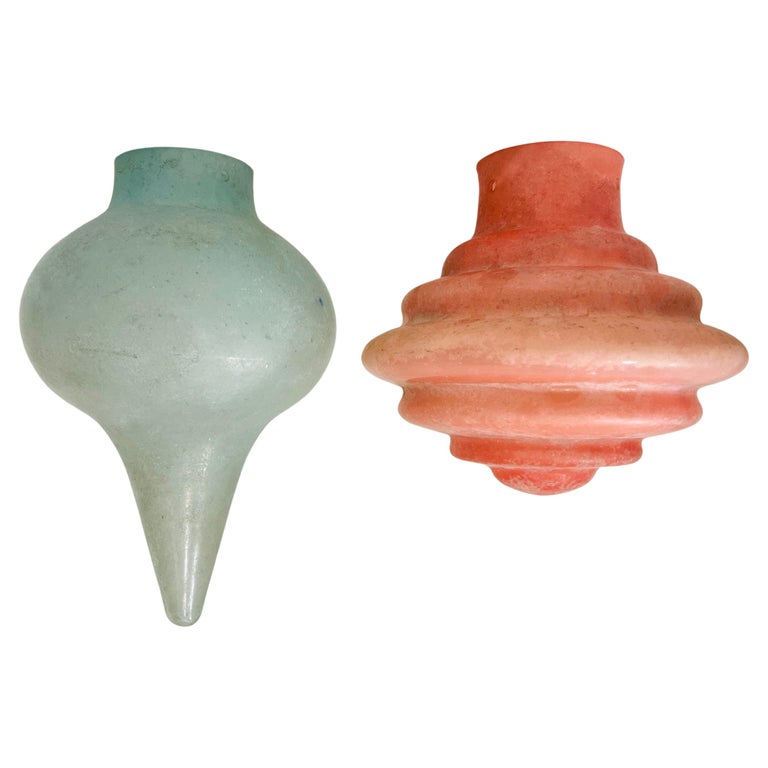 Pair of Venetian Scavo Glass Pendant Lights in Etched Aqua and Salmon Pink For Sale