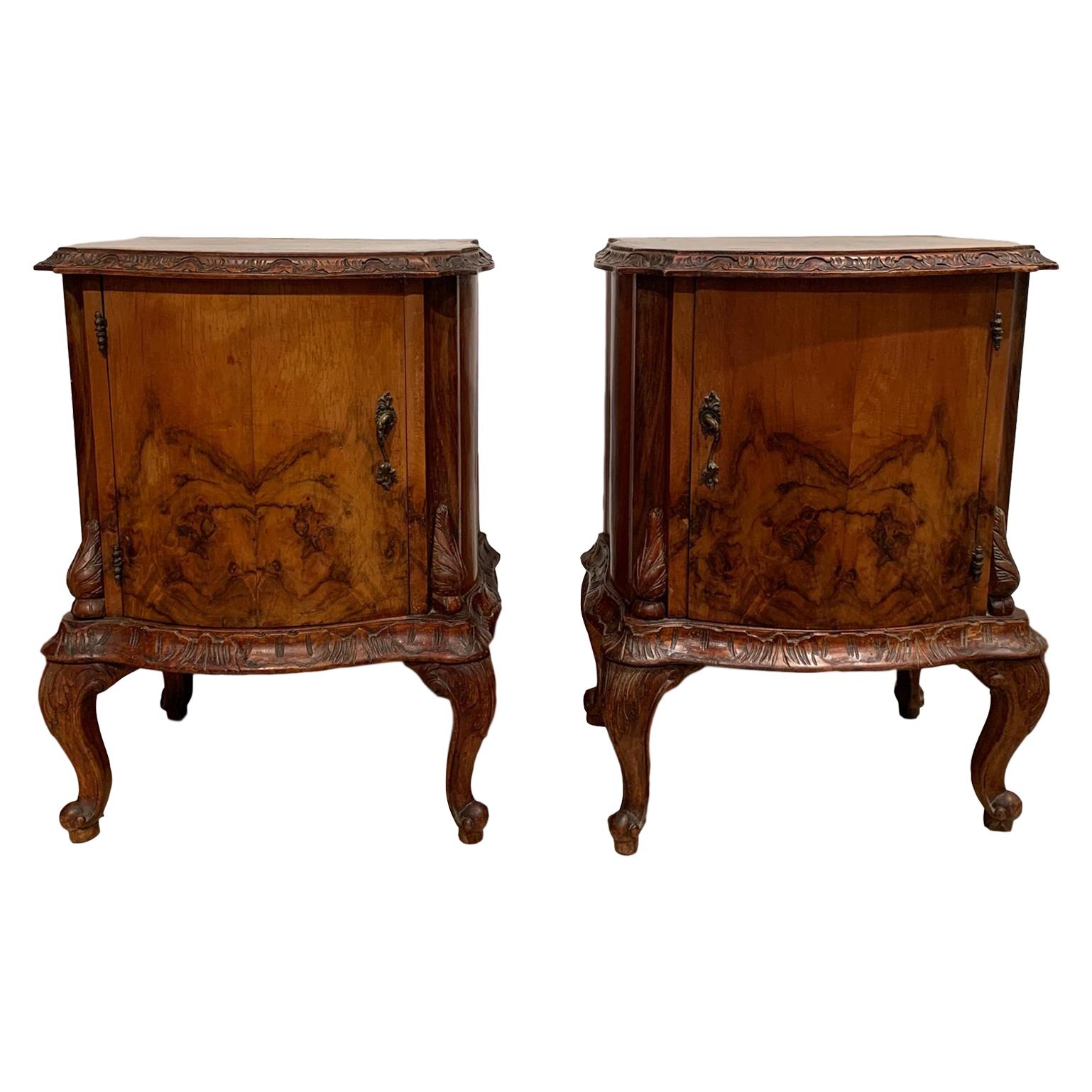 Pair of Venetian Side Cabinets in Figured Walnut Hand Carved Moldings circa 1920