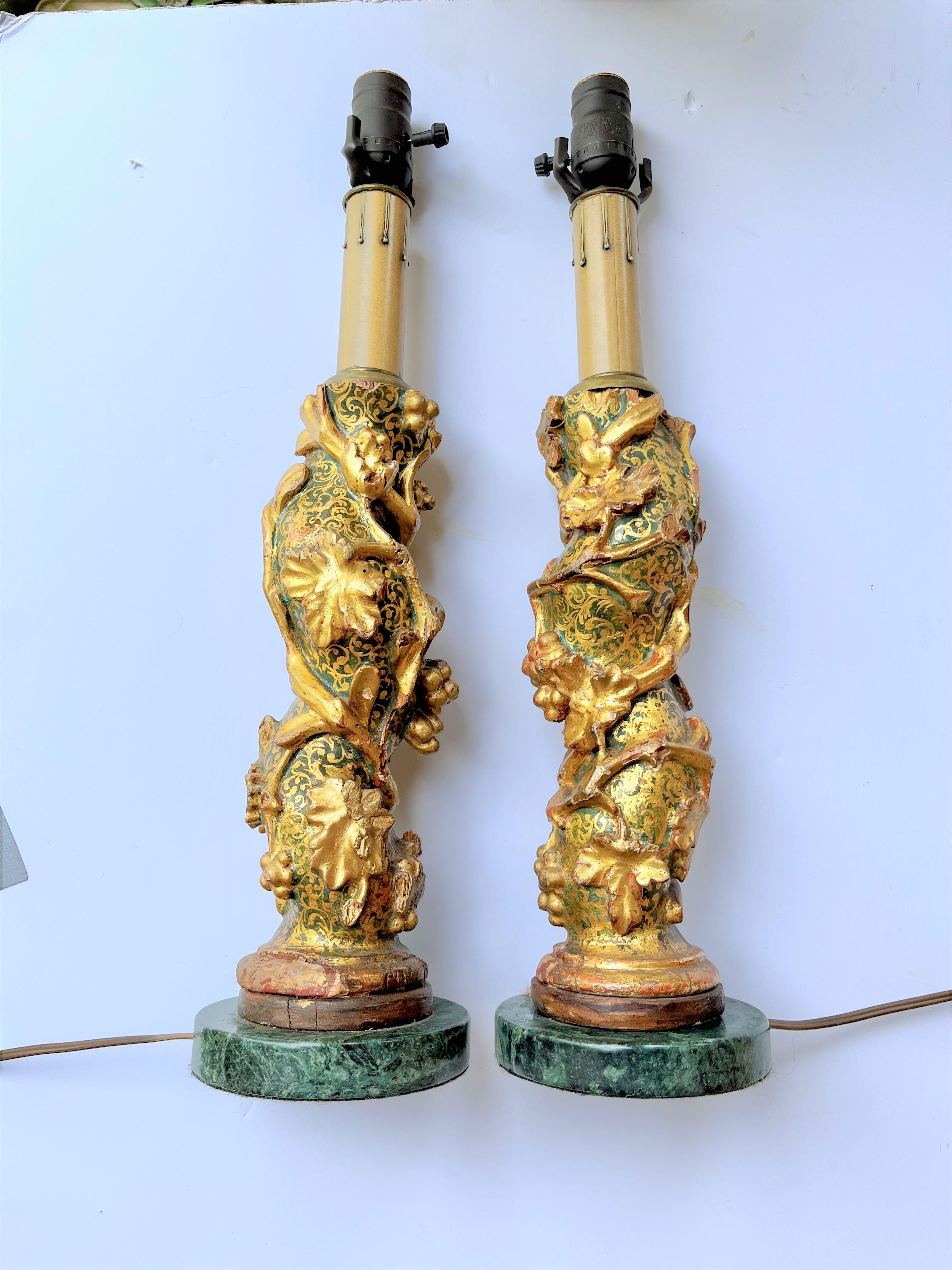 Baroque Pair of Venetian Solomonic Giltwood Fragments Now Lamps For Sale