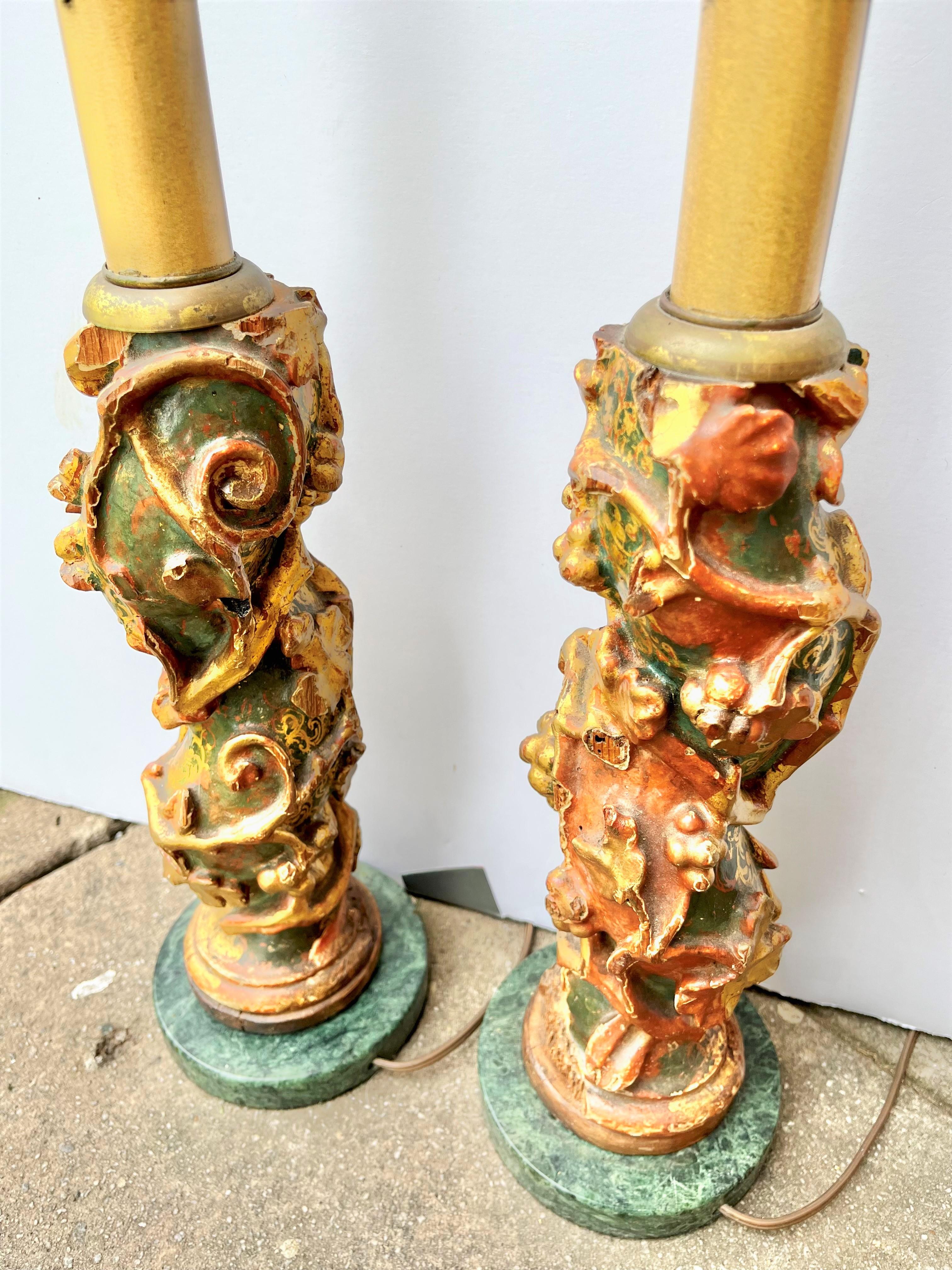 19th Century Pair of Venetian Solomonic Giltwood Fragments Now Lamps For Sale