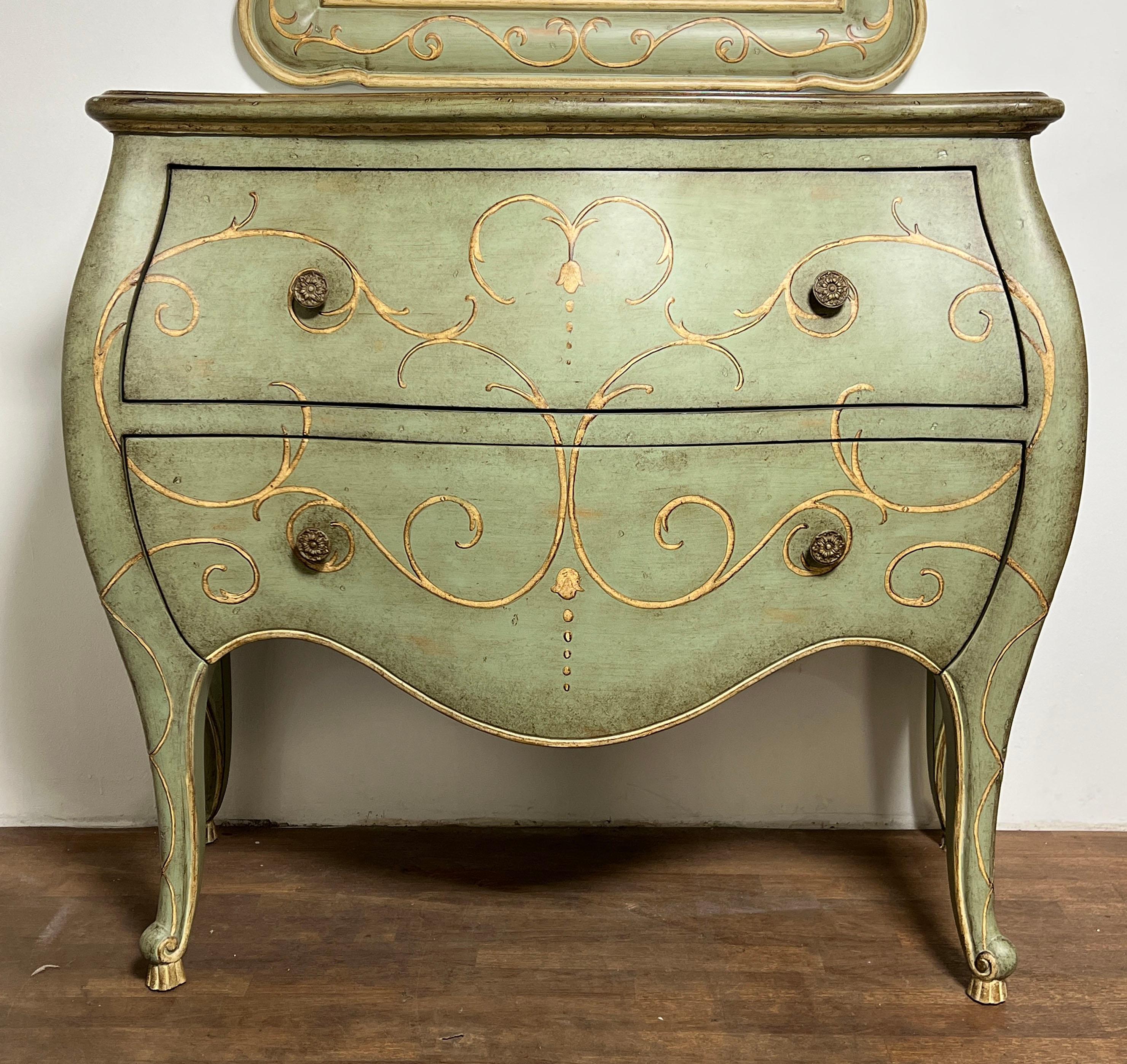 A pair of Venetian style, generously proportioned bombe chests by Thomasviile, circa 1990s, with matching wall mirrors.  The chests measure 38