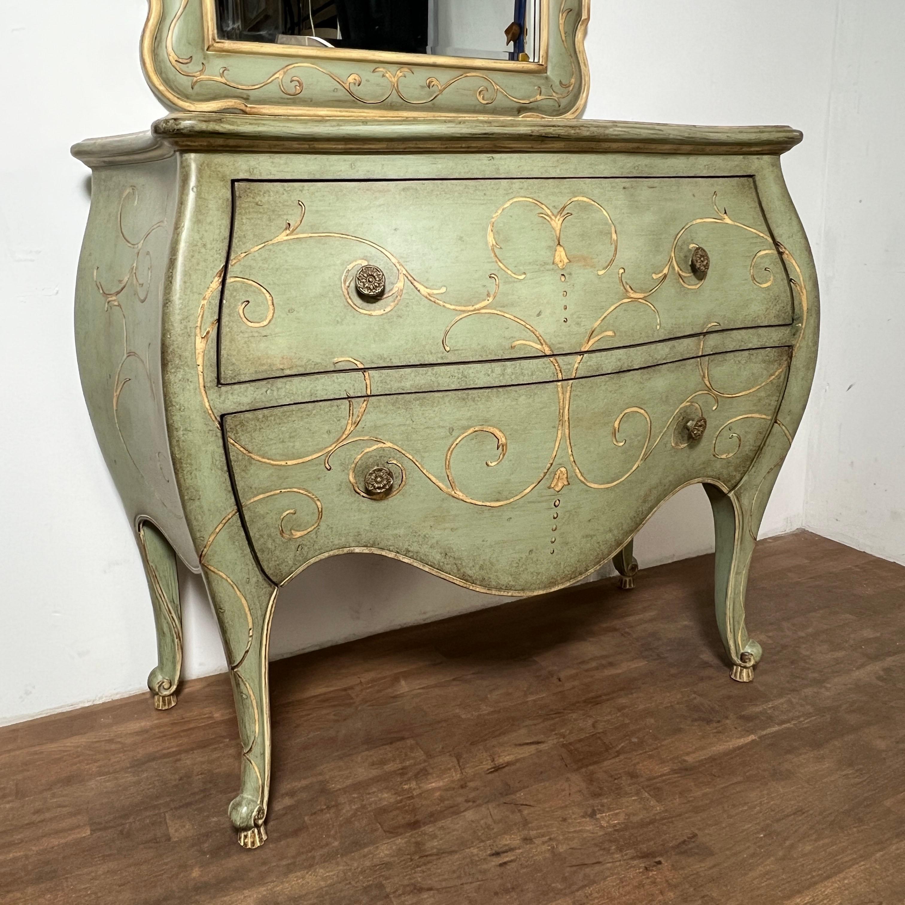 Renaissance Revival Pair of Venetian Style Bombe Chests With Matching Wall Mirrors by Thomasville