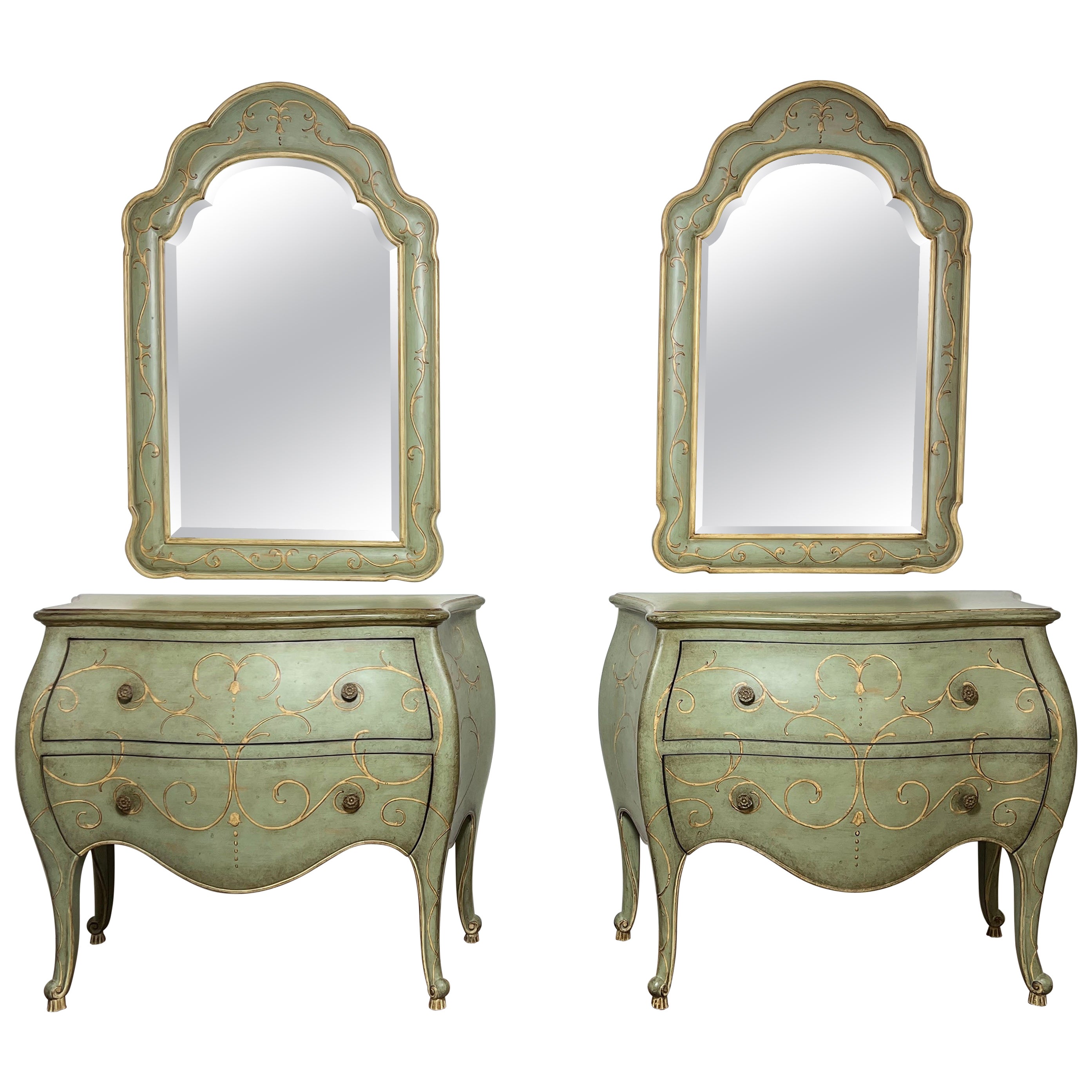 Pair of Venetian Style Bombe Chests With Matching Wall Mirrors by Thomasville