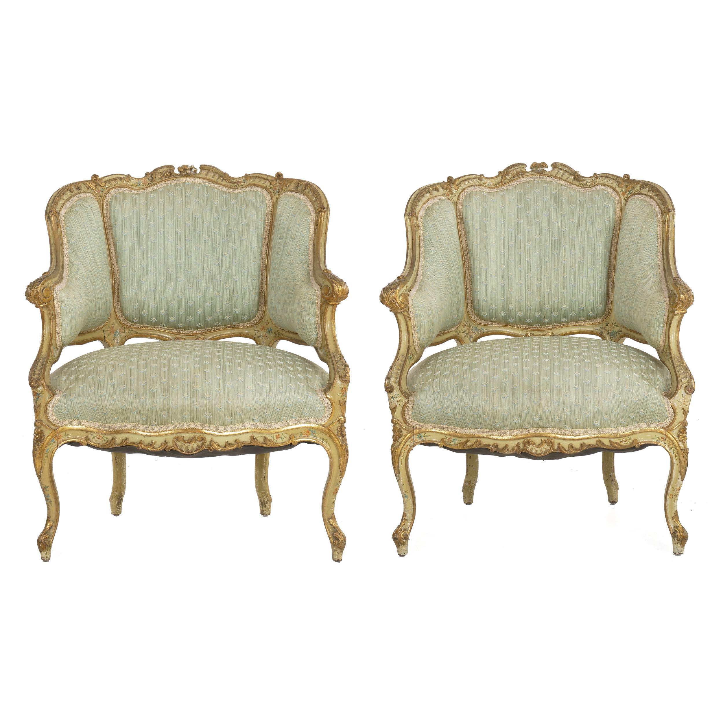 Pair of Venetian style carved and polychromed armchairs
Continental, circa late 19th-early 20th century
Item # 010NCB06P  

An attractive and whimsical pair of armchairs in the Venetian taste, they feature an overall Rococo motif of carving with