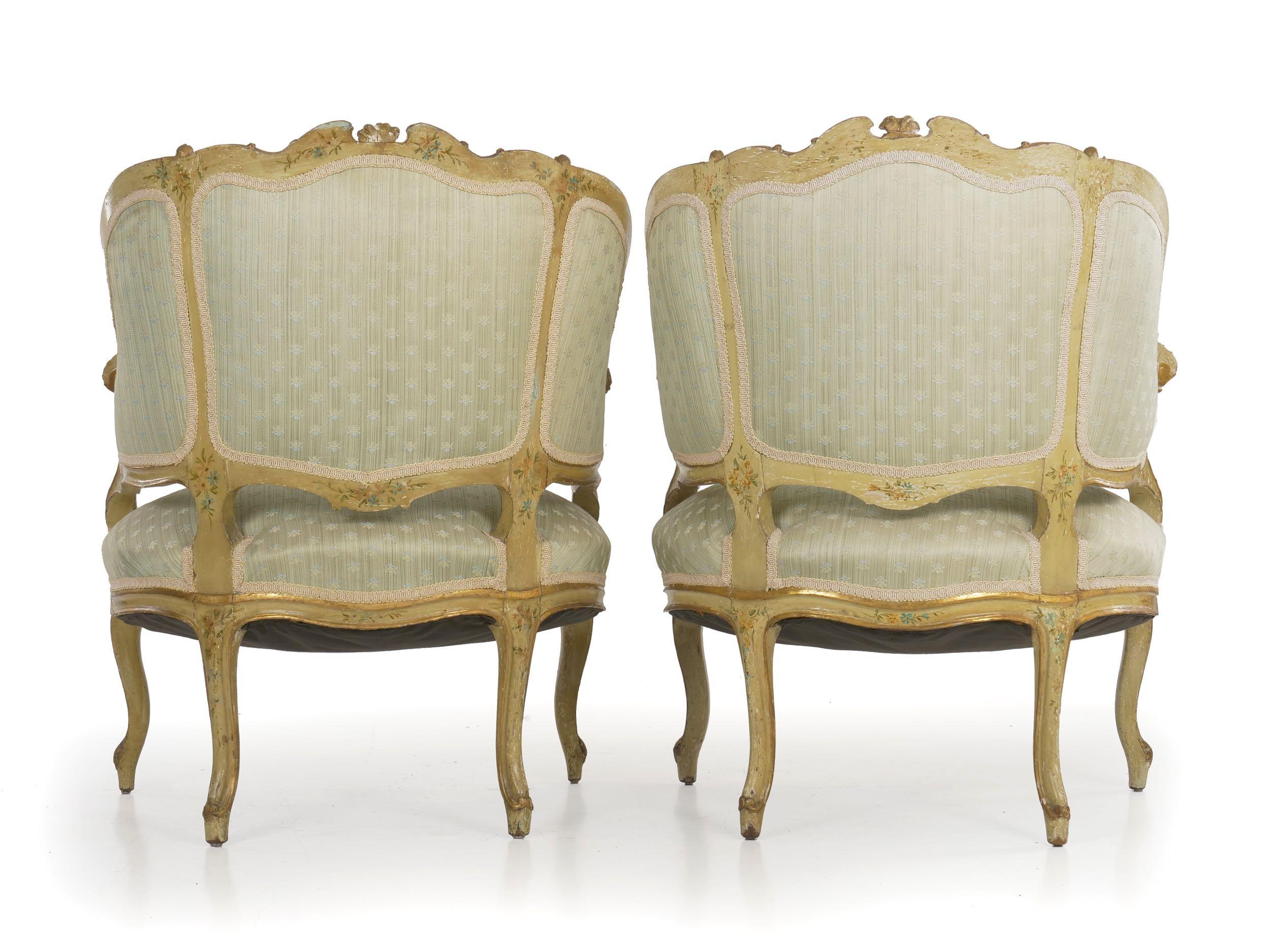 Rococo Pair of Venetian Style Carved and Painted Antique Armchairs