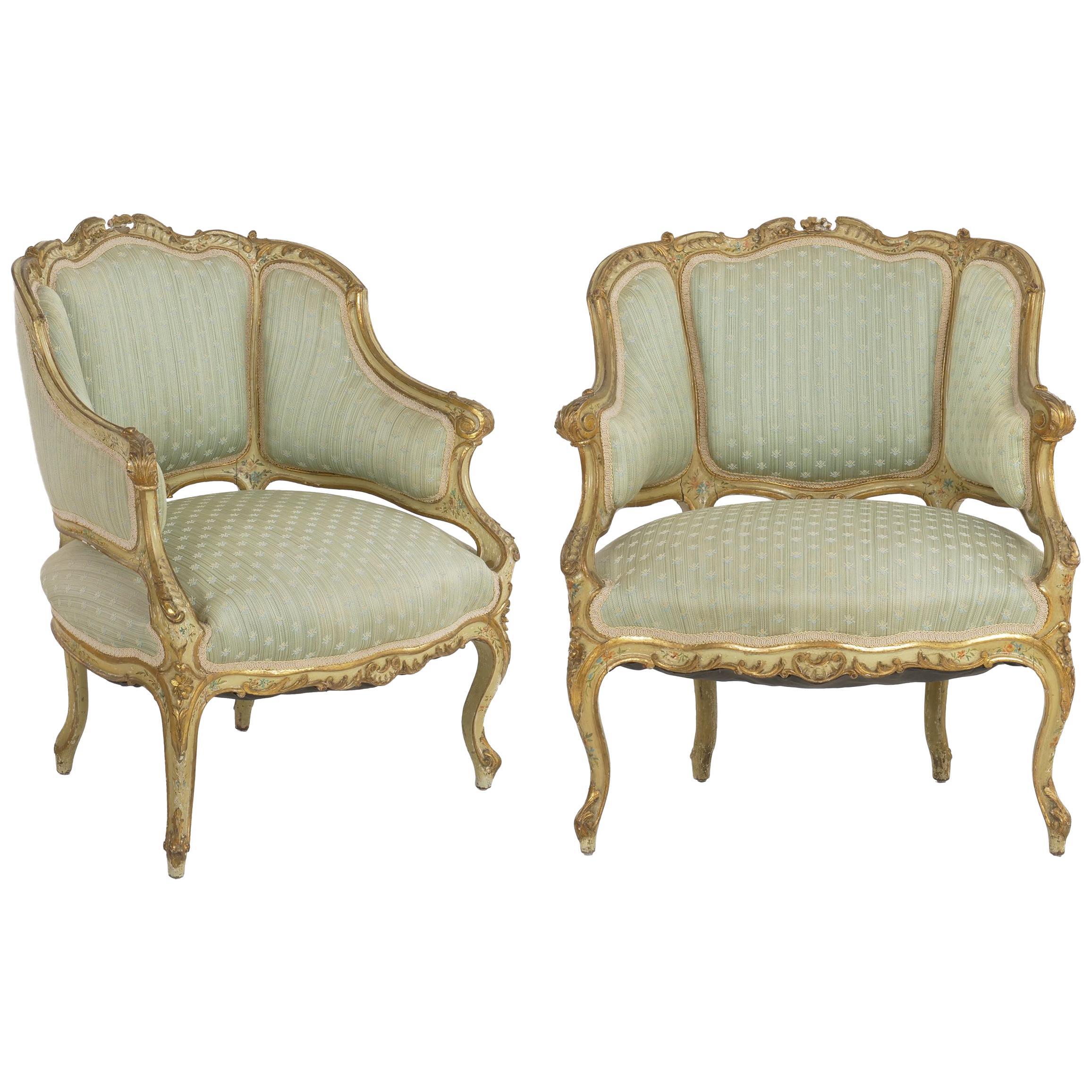 Pair of Venetian Style Carved and Painted Antique Armchairs