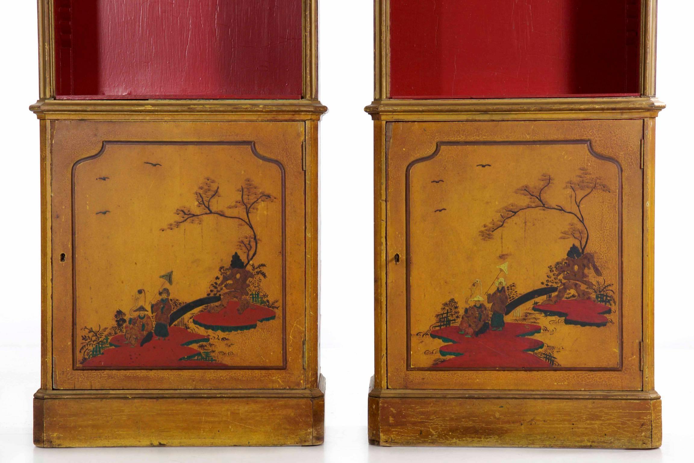 Veneer Pair of Venetian Style Japanned Bookcase Cabinets, circa 1920-1940