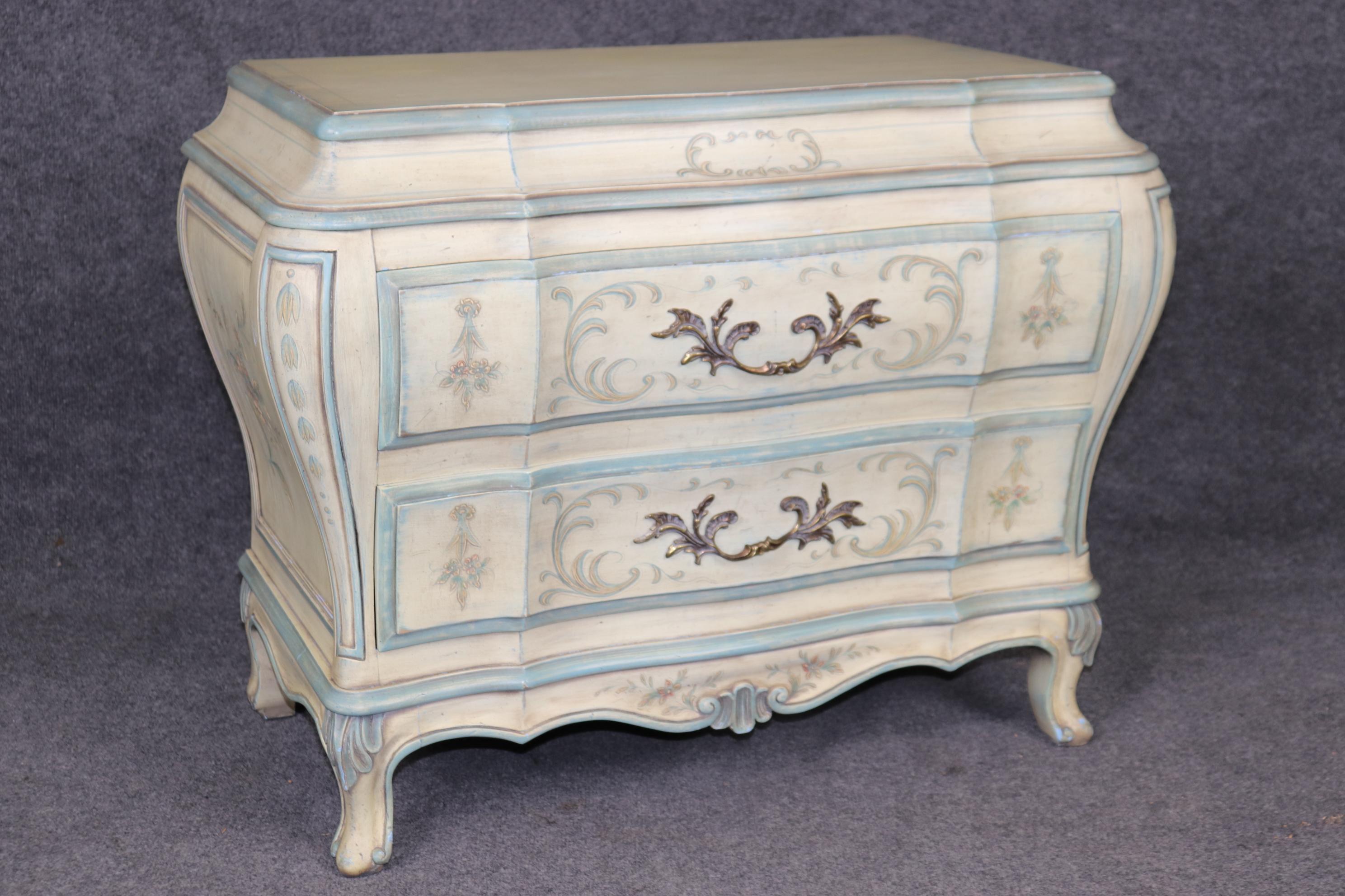This is a fantastic pair of Karges of Evansville, Indiana who are known worldwide of making the finest of all furniture manufactures that ever existed from the USA. The stands are in good condition and feature creme, blue painted cases with fine