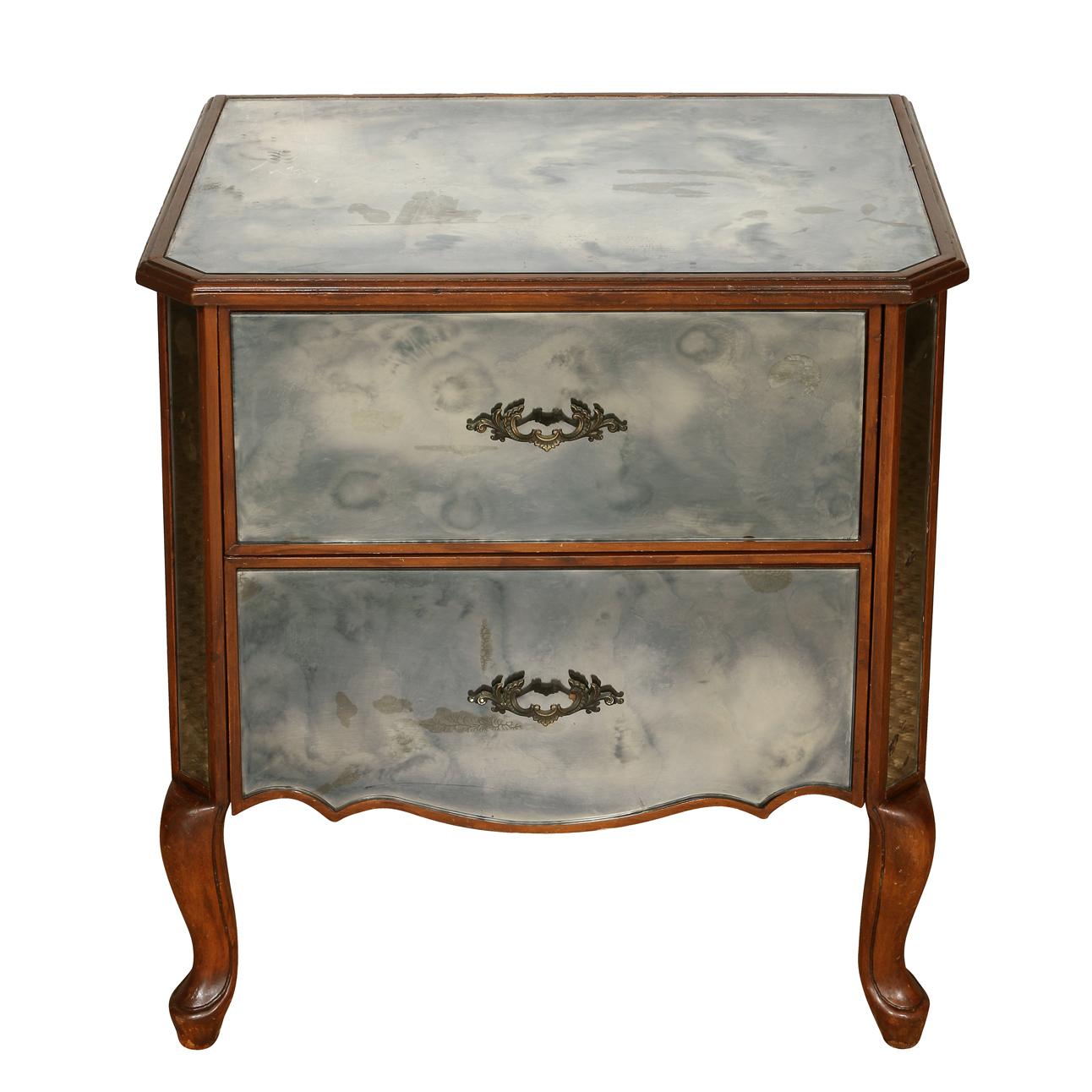 Pair of Venetian style mirrored nightstands with two drawers in neutral wood frames with cabriole legs.