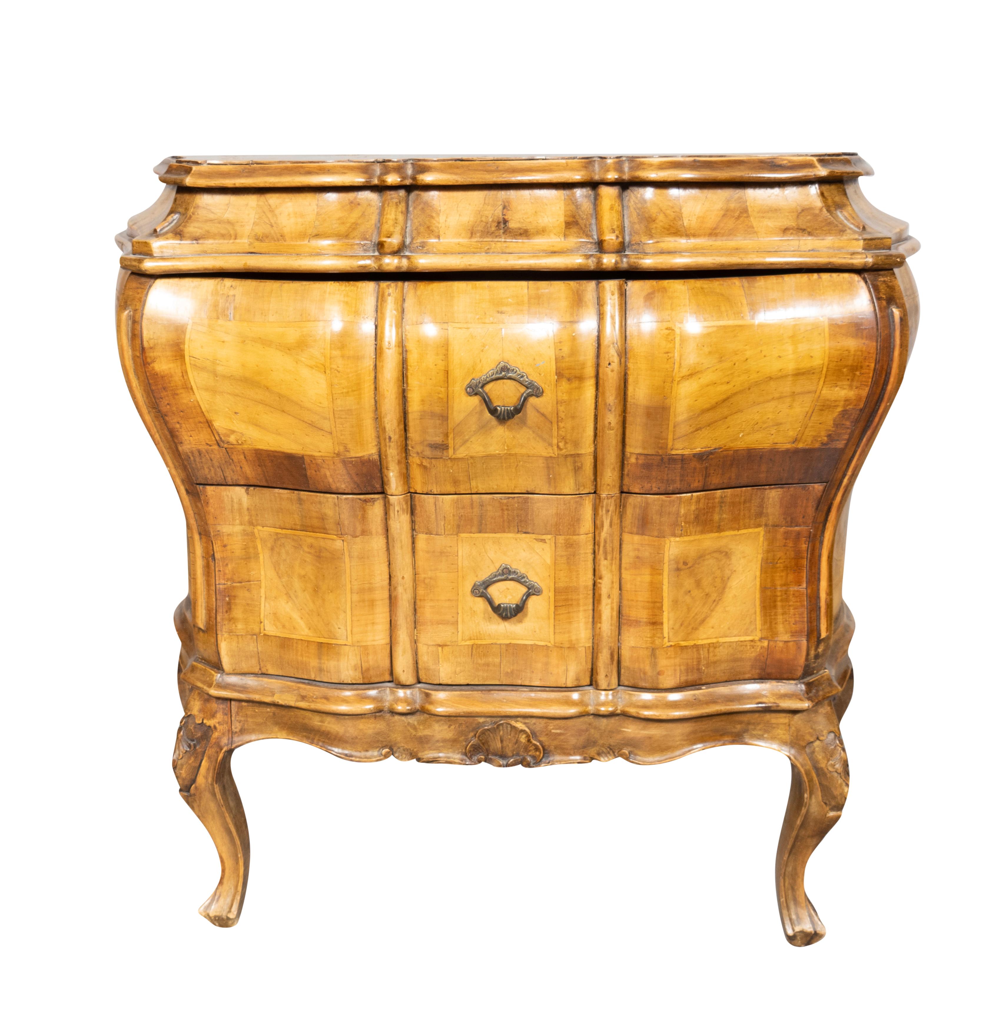Rococo Revival Pair Of Venetian Style Walnut Bombe Commodinis For Sale