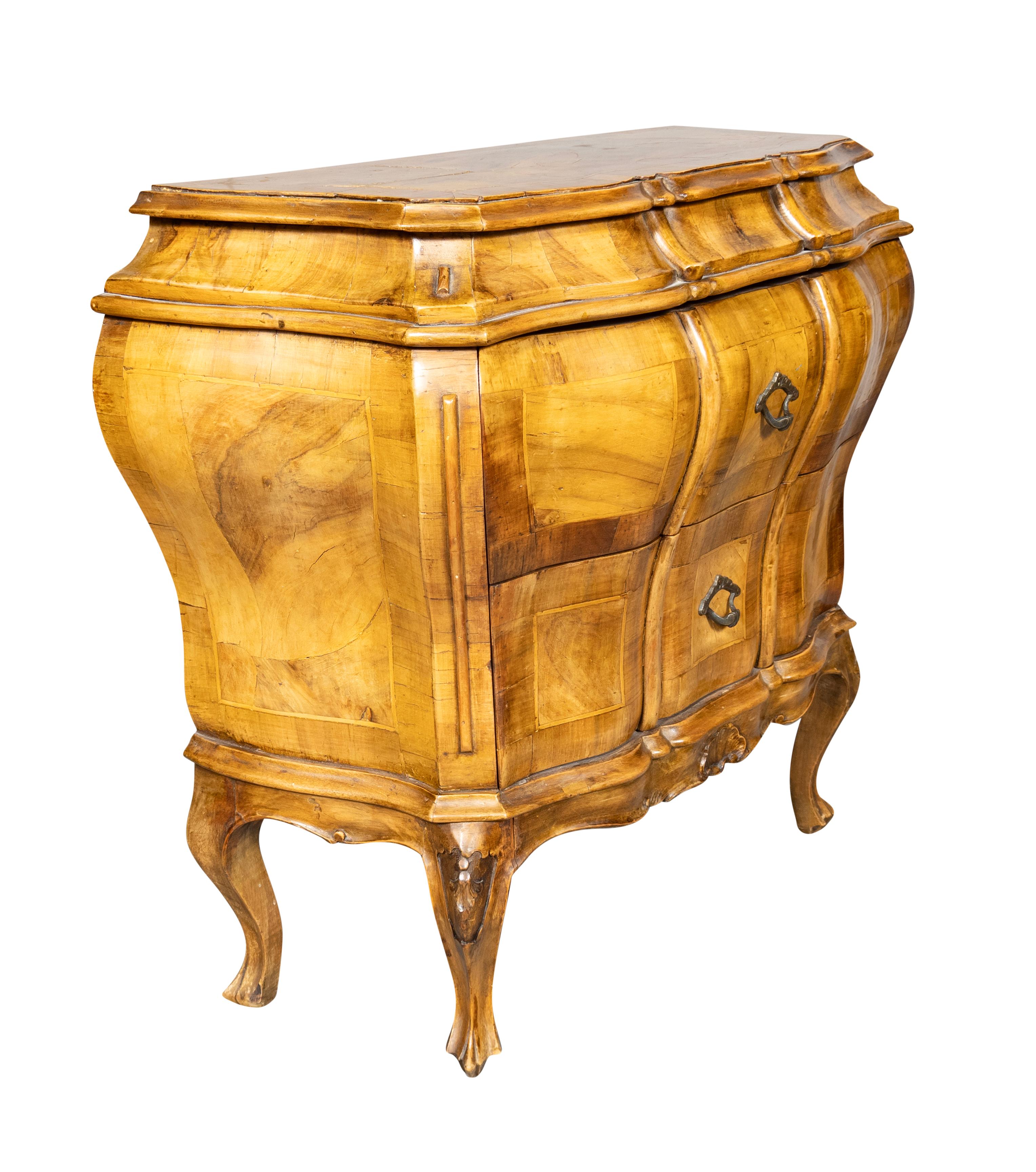 Italian Pair Of Venetian Style Walnut Bombe Commodinis For Sale