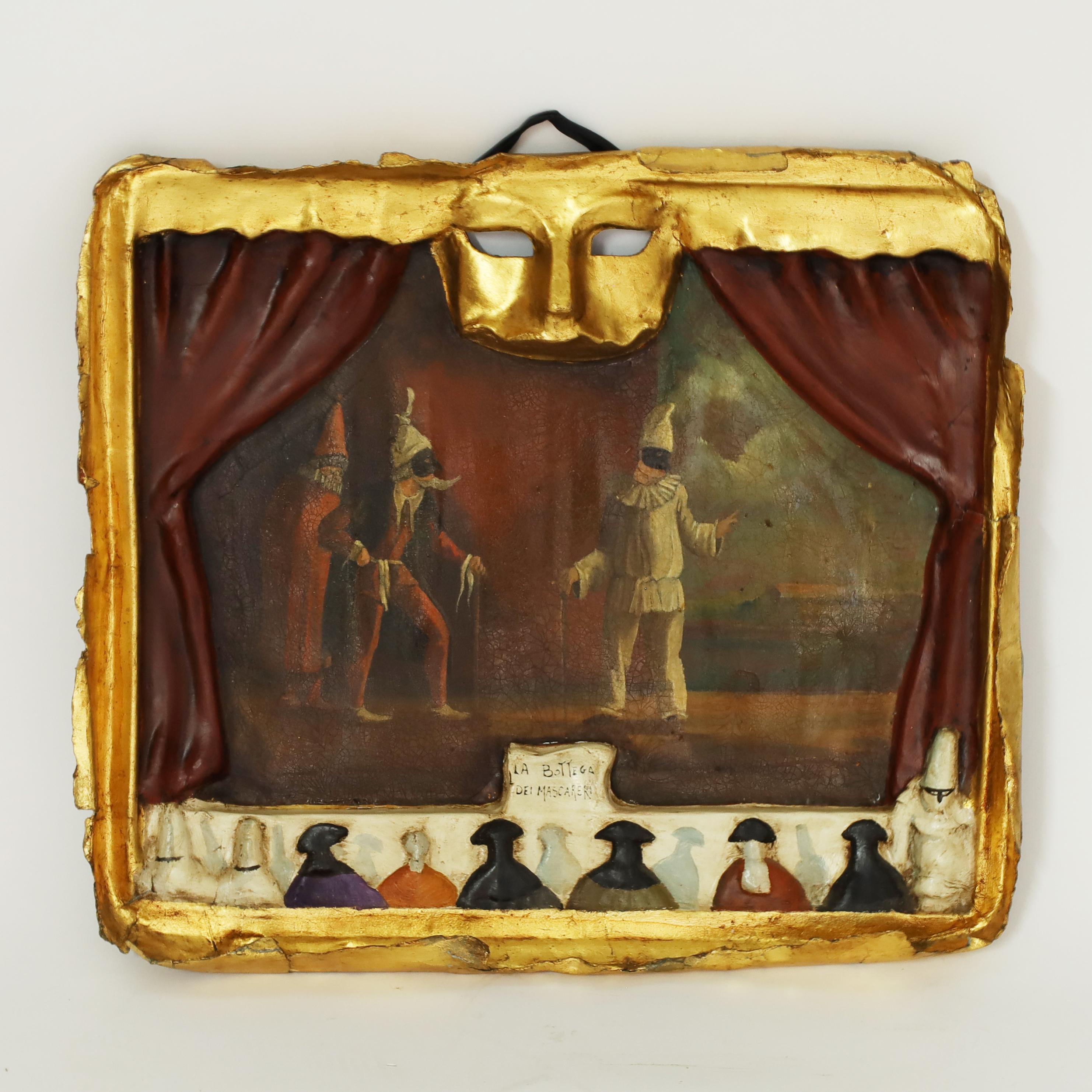 Charmante paire de peintures à l'huile vénitiennes sur toile, ingénieusement moulées dans une forme théâtrale et exécutées selon une technique ancienne, représentant des moments d'une pièce intitulée 