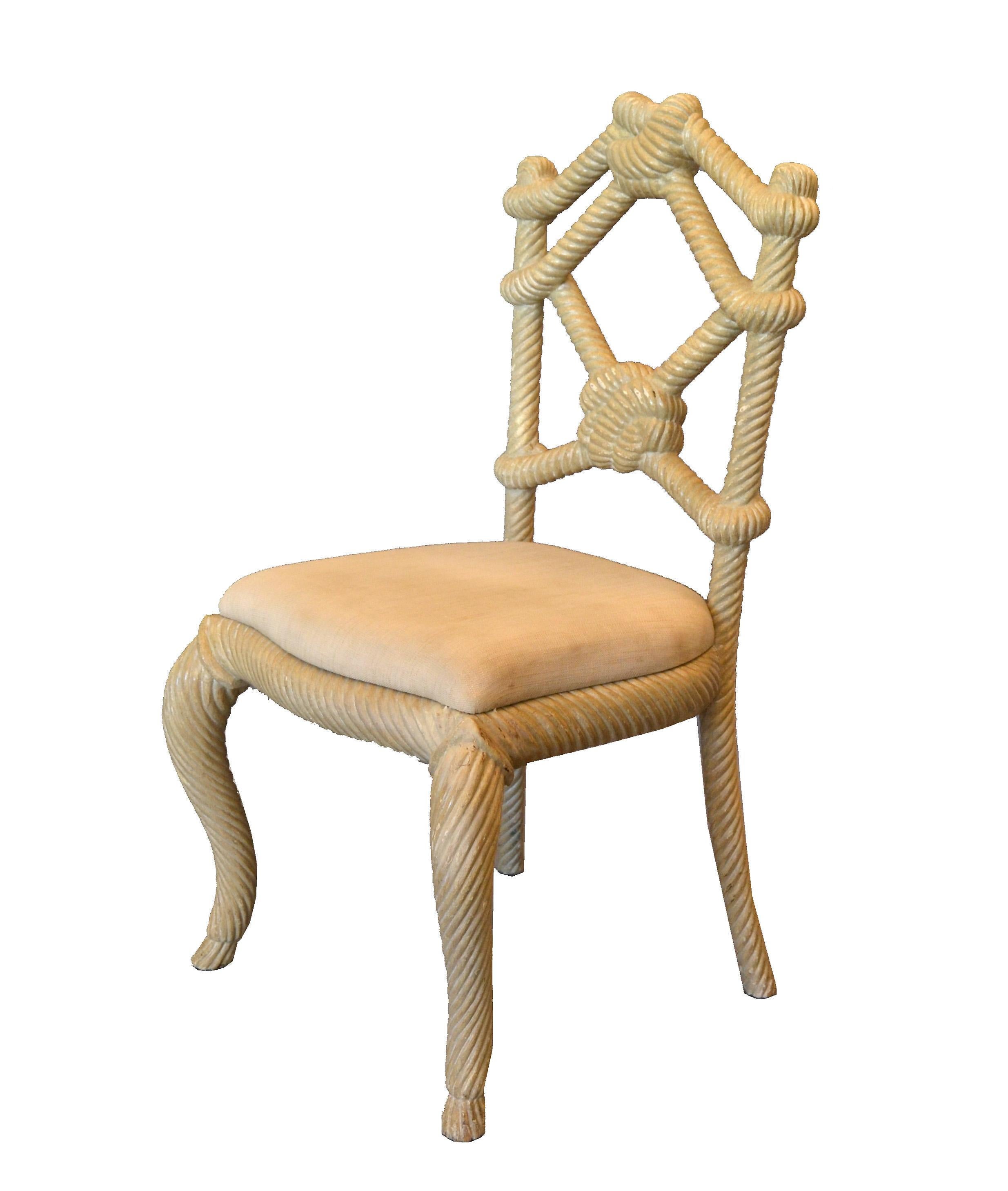 Arts and Crafts Pair of Venetian Wooden Hand-Carved Rope Tied Knot Accent Side Chairs For Sale