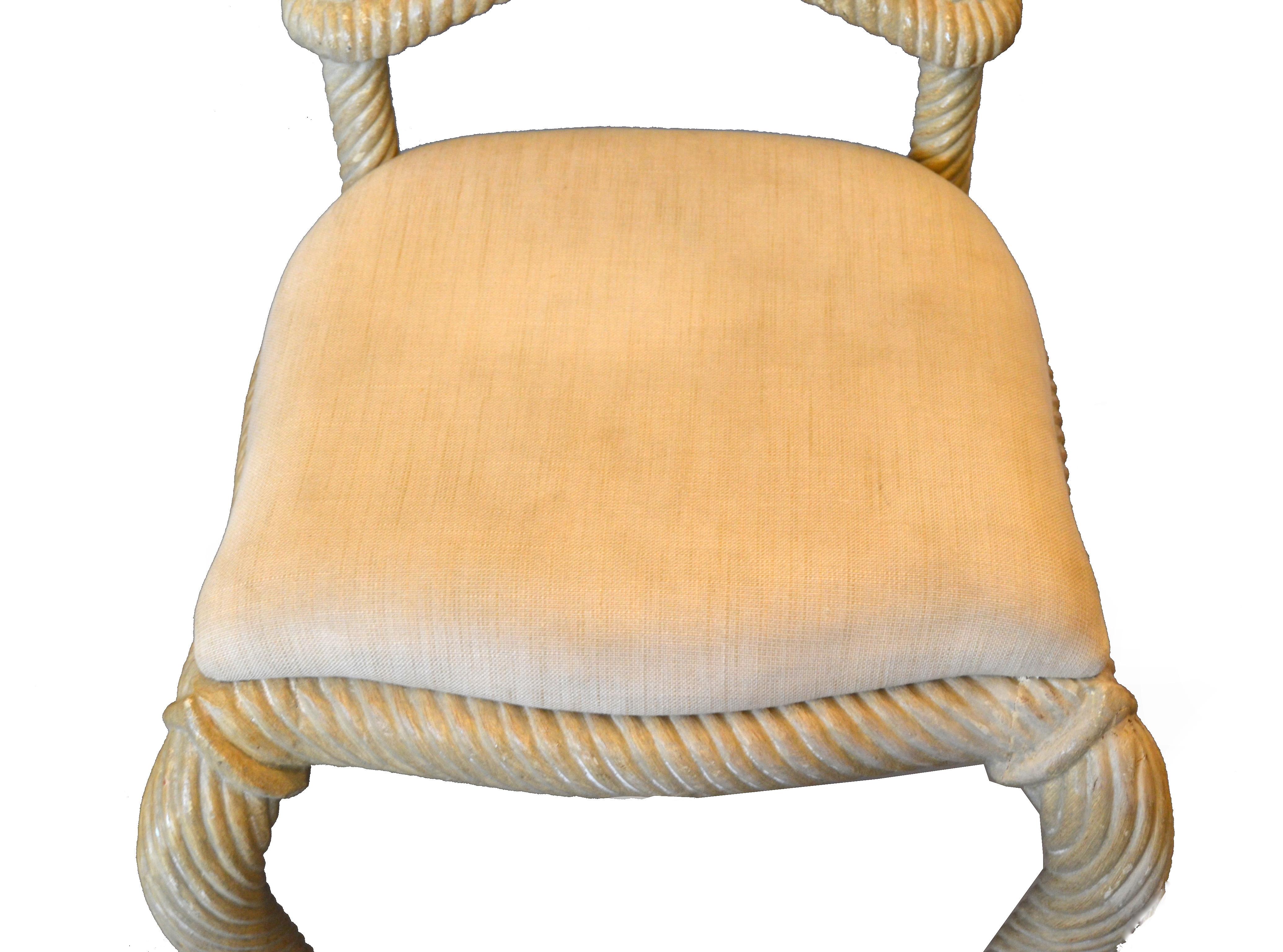 Fabric Pair of Venetian Wooden Hand-Carved Rope Tied Knot Accent Side Chairs For Sale