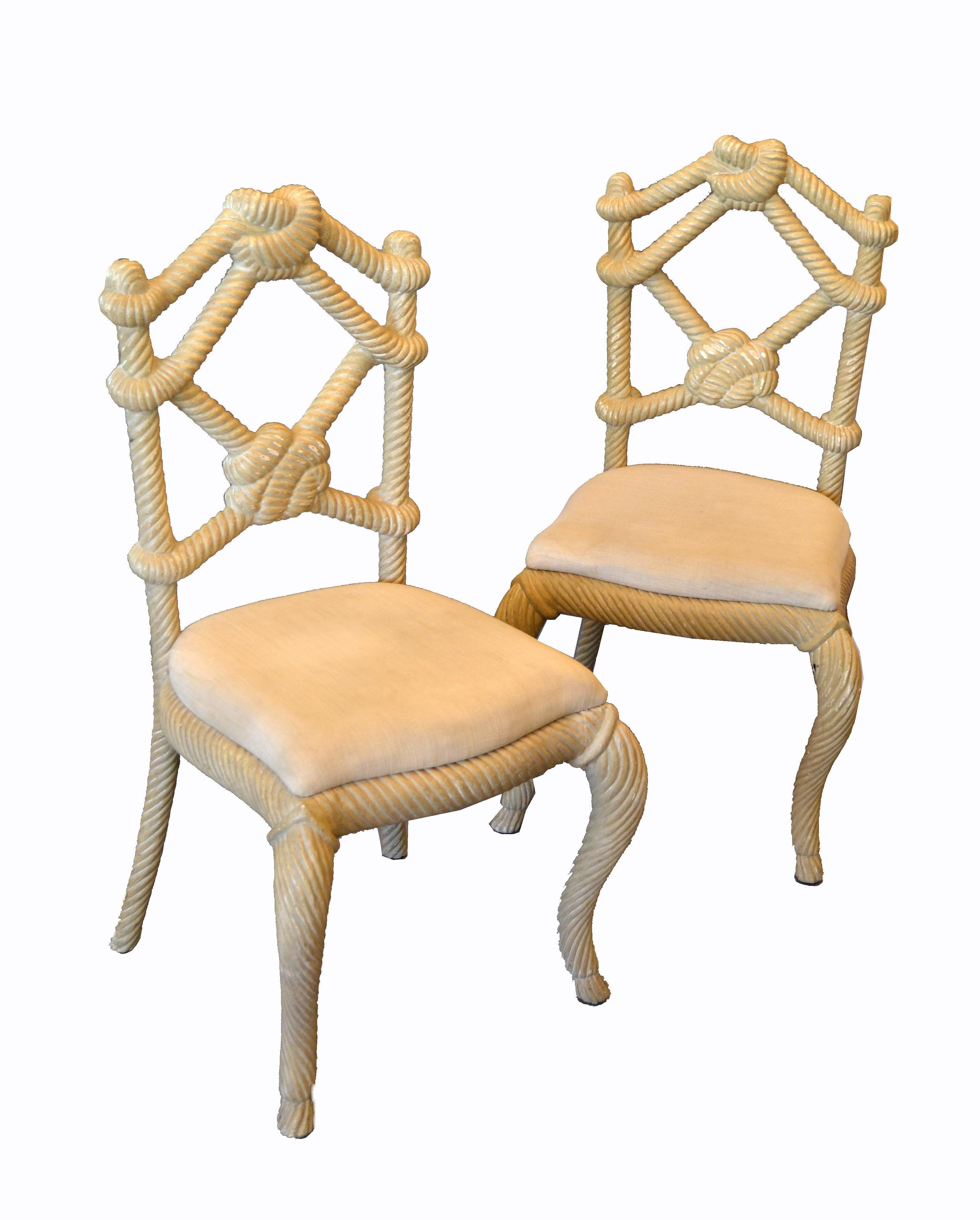 Pair of Venetian Wooden Hand-Carved Rope Tied Knot Accent Side Chairs For Sale 1